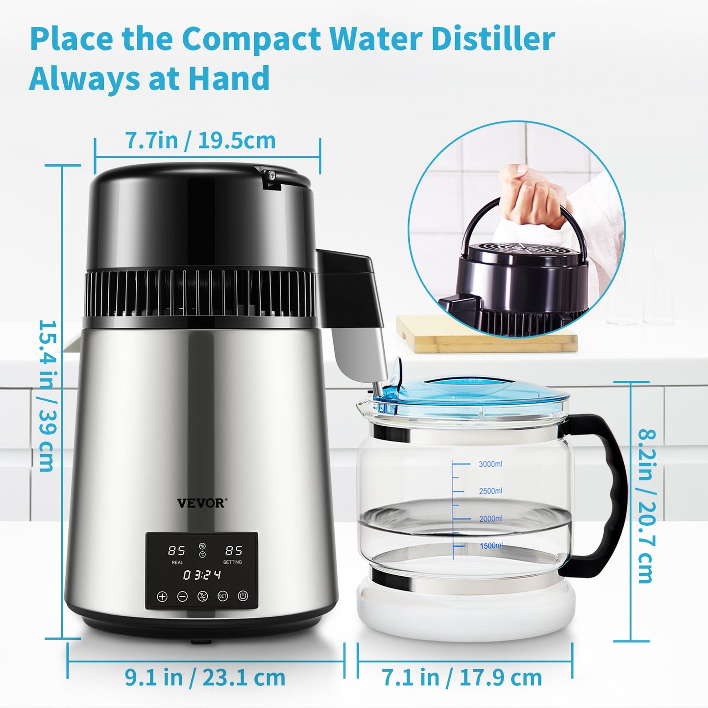 1.1Gal Water Distiller, 0.3Gal/H, 750W Distilled Water Maker Machine 0-99H Timing Dual Temp Display, 304 Stainless Steel Countertop Distiller Glass Carafe Cleaning Powder 3 Carbon Packs, Silver