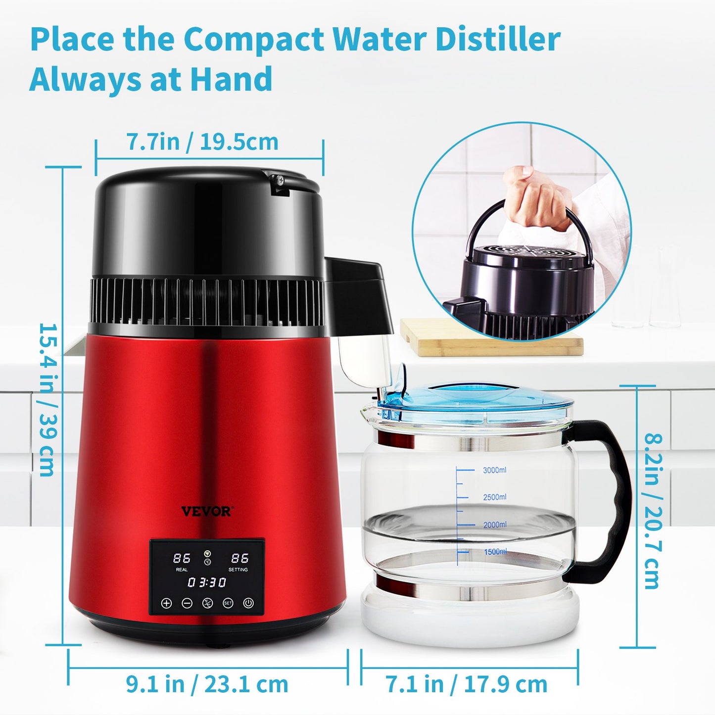 1.1Gal Water Distiller, 0.3Gal/H, 750W Distilled Water Maker Machine 0-99H Timing Dual Temp Display, 304 Stainless Steel Countertop Distiller Glass Carafe Cleaning Powder 3 Carbon Packs, Red