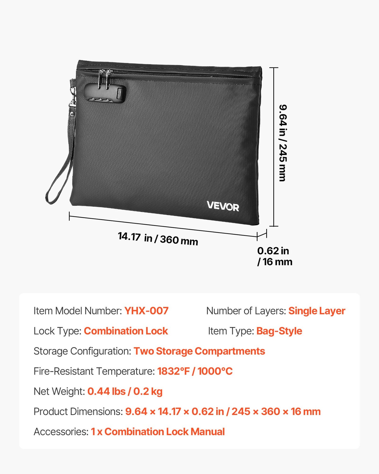 Fireproof Document Bag, 1832 ℉ Heat Insulated Fireproof & Waterproof Bag with Lock, Portable File Storage Security Organizer Home Office Travel Use, for Passports, Important Documents & Files