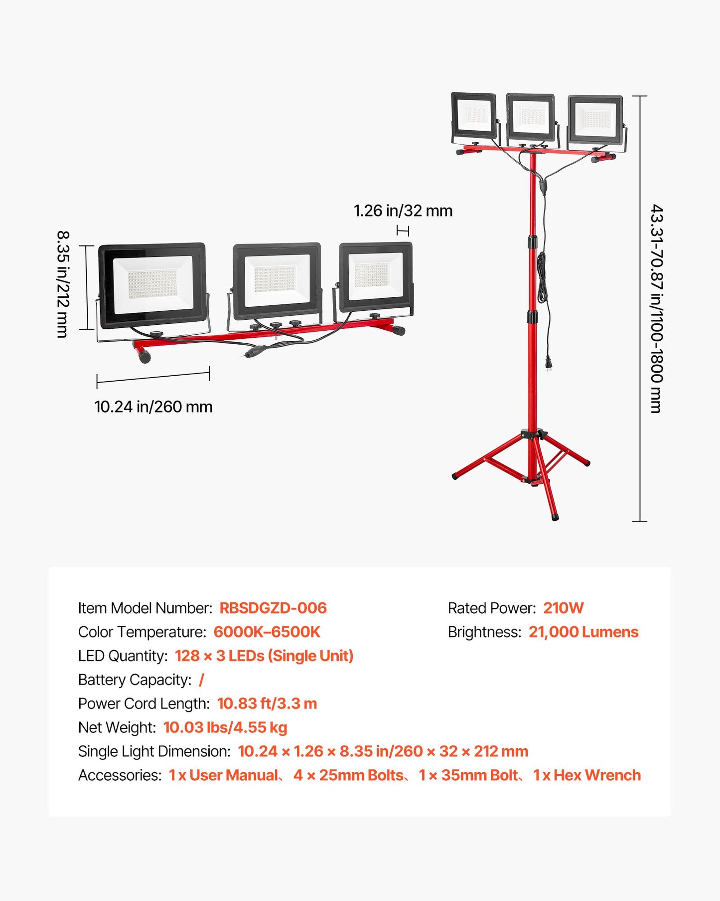 LED Work Light with Stand, 21000 Lumens, Three-Head Portable Camping Light with Individual Switch, Tripod Stand, 10.83 ft Power Cord, for Indoor Outdoor Job Site Construction, IP65 Waterproof