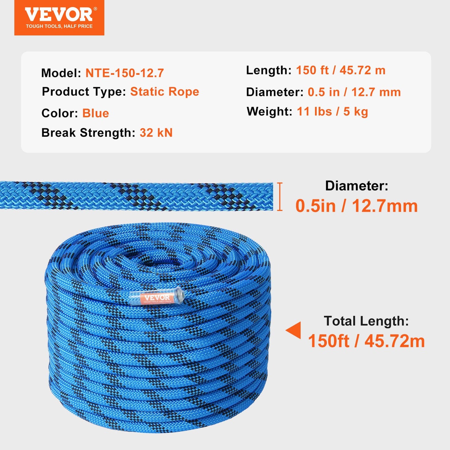 12.7mm Static Climbing Rope, 45.7M(150ft) Outdoor Rock Climbing Rope 32KN Breaking Tension, Fiber Rope with Steel Snap Hooks for Escape, Rappelling, Fire Rescue, Blue