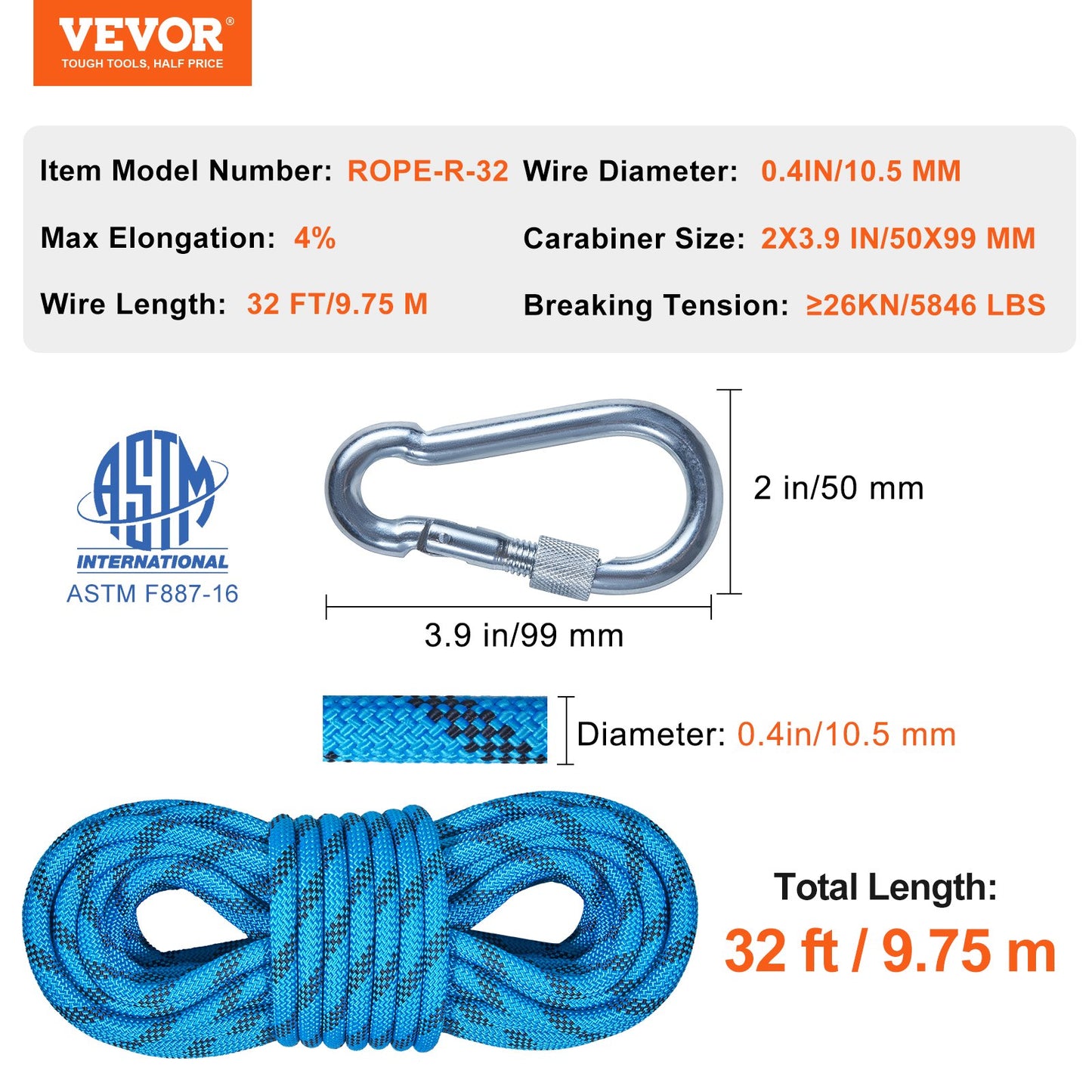 10.5 mm Static Climbing Rope, 9.7M(32ft) Outdoor Rock Climbing Rope 25KN Breaking Tension, Fiber Rope with Steel Snap Hooks for Escape, Rappelling, Fire Rescue, Blue