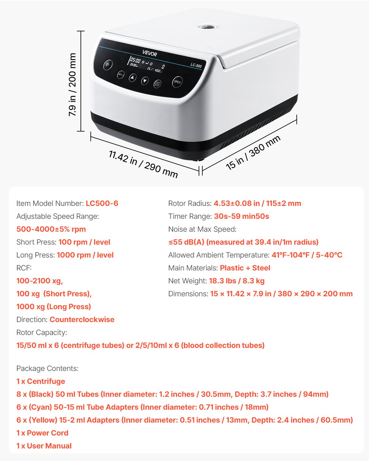Centrifuge Machine, 100-2100xg RCF Electric Laboratory Centrifuge Machine with 1 Rotor for 2/5/10/15/50ml Tube Capacity, Low Speed 500-4000rpm with Timer, Widely Used in Various Experiments