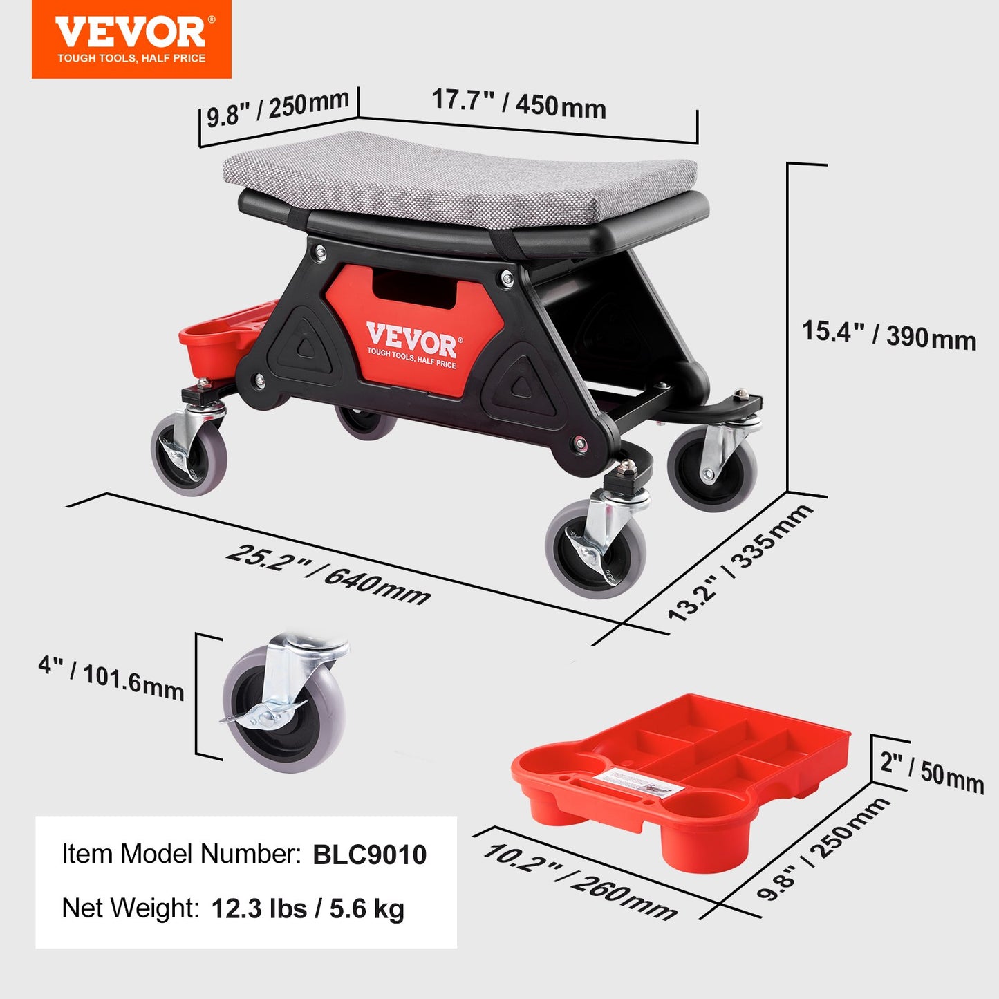 Mechanics Stool, 300 LBS Capacity Rolling Mechanic Seat with 4" Wheels, with Three Slide Out Tool Trays and Drawer, Heavy Duty Roller Creeper Seat for Home Garage DIY Automotive