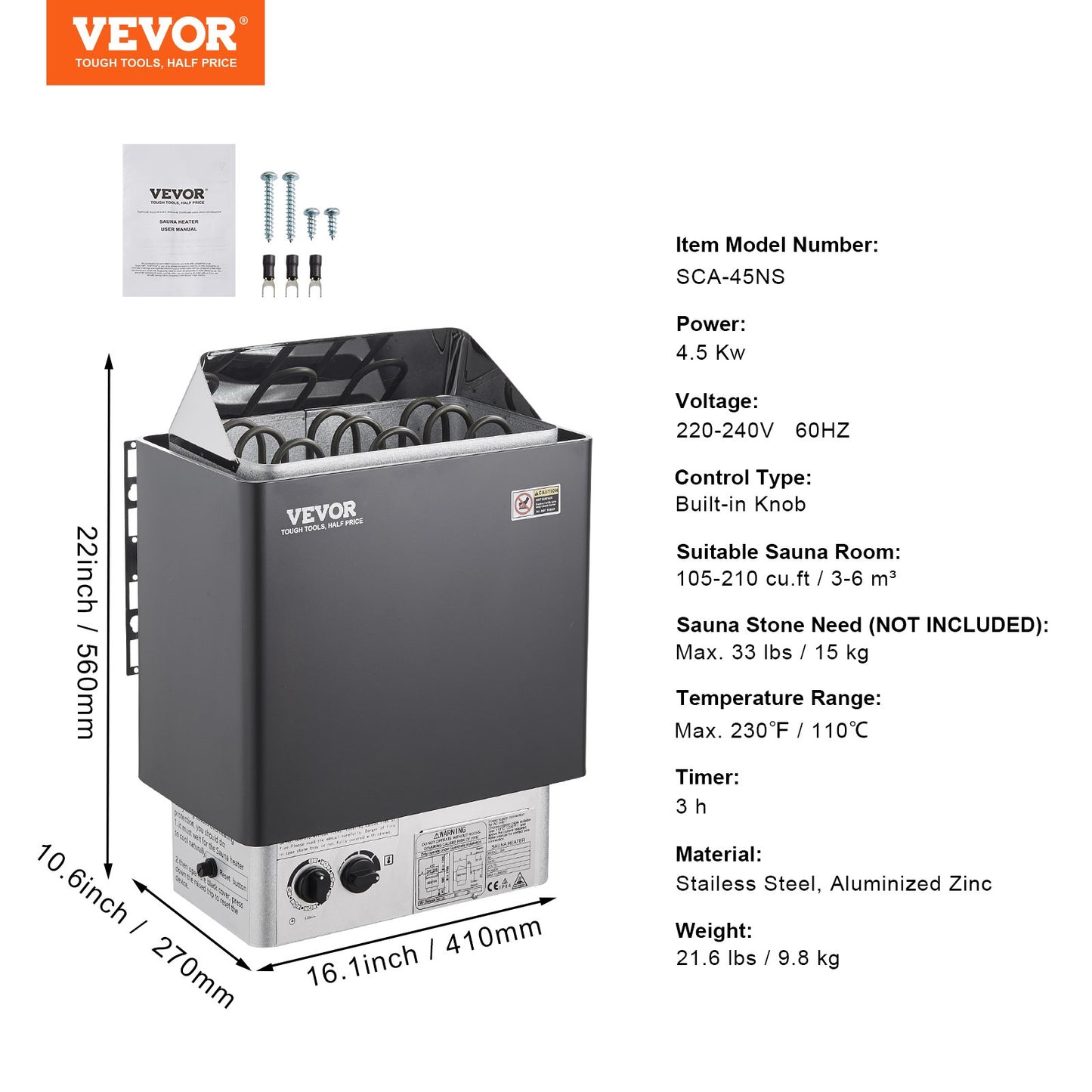 Sauna Heater, 4.5KW 220V Electric Sauna Stove, Steam Bath Sauna Heater with Built-In Controls, 3h Timer and Adjustable Temp for Max. 105-210 Cubic Feet, Home Hotel Spa Shower Use, FCC Certification