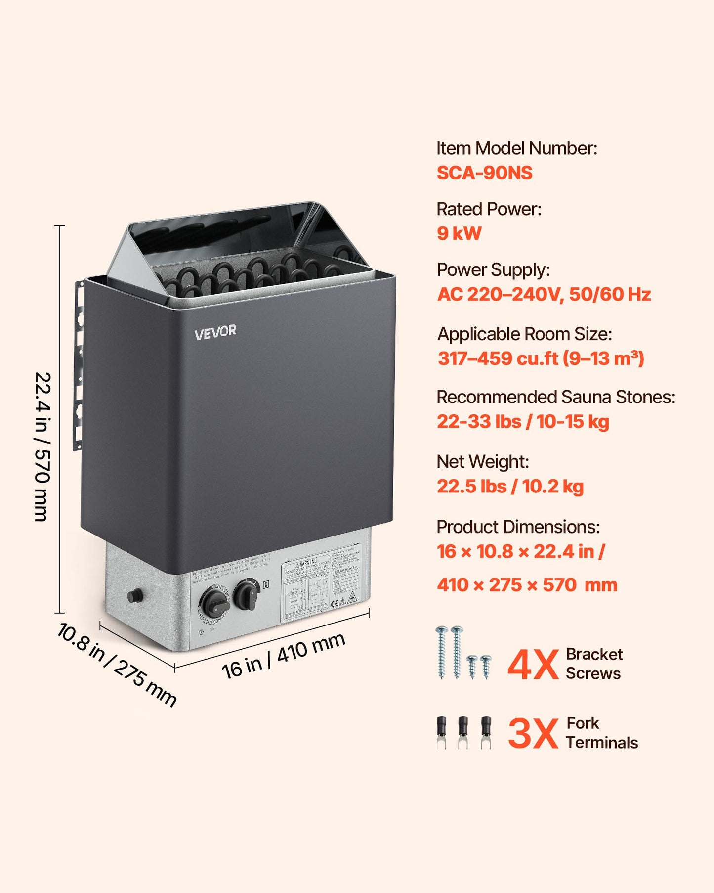 9KW Sauna Heater, Steam Bath Sauna Heater with Built-In Controls, Electric Sauna Stove, 3h Timer and Adjustable Temp for Max. 317-459 Cubic Feet, Home Hotel Spa Shower Use 220V