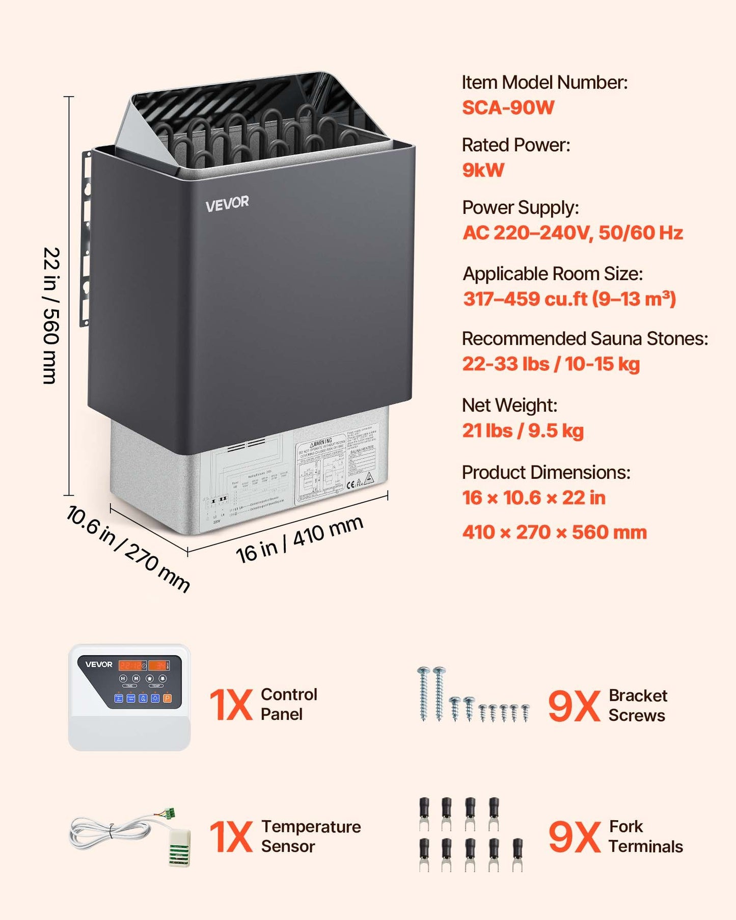 Sauna Heater, 9KW 220V Electric Sauna Stove, Steam Bath Sauna Heater with External Digital Controller, 3h Timer and Adjustable Temp for Max. 317-459 Cubic Feet, Home Hotel Spa Shower Use