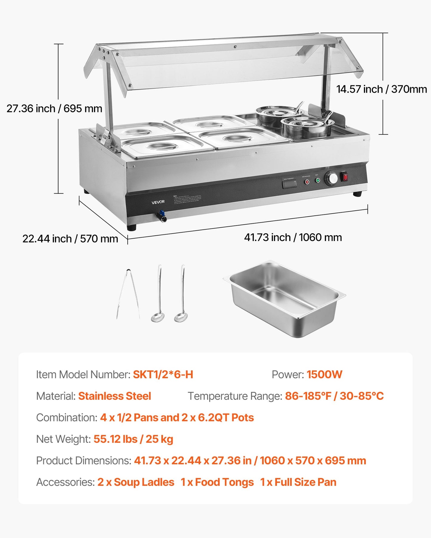 Electric Soup Warmer, Two 6.34QT Pots & Four 1/2 Pans, Stainless Steel Commercial Food Warmer with 86~185°F Adjustable Temp, 1500W Bain Marie with Cover, Soup Station for Restaurant, Buffet