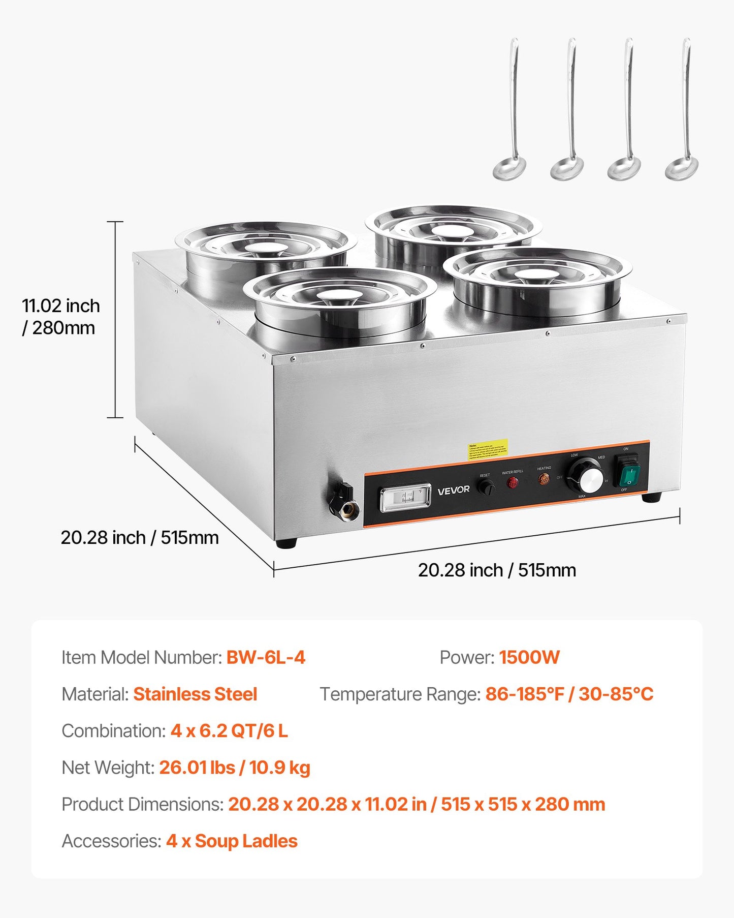 Electric Soup Warmer, Four 6.34QT Stainless Steel Round Pot with 86~185°F Adjustable Temp, 1500W Commercial Bain Marie with Anti-dry Burn and Reset Button, Soup Station for Restaurant, Buffet