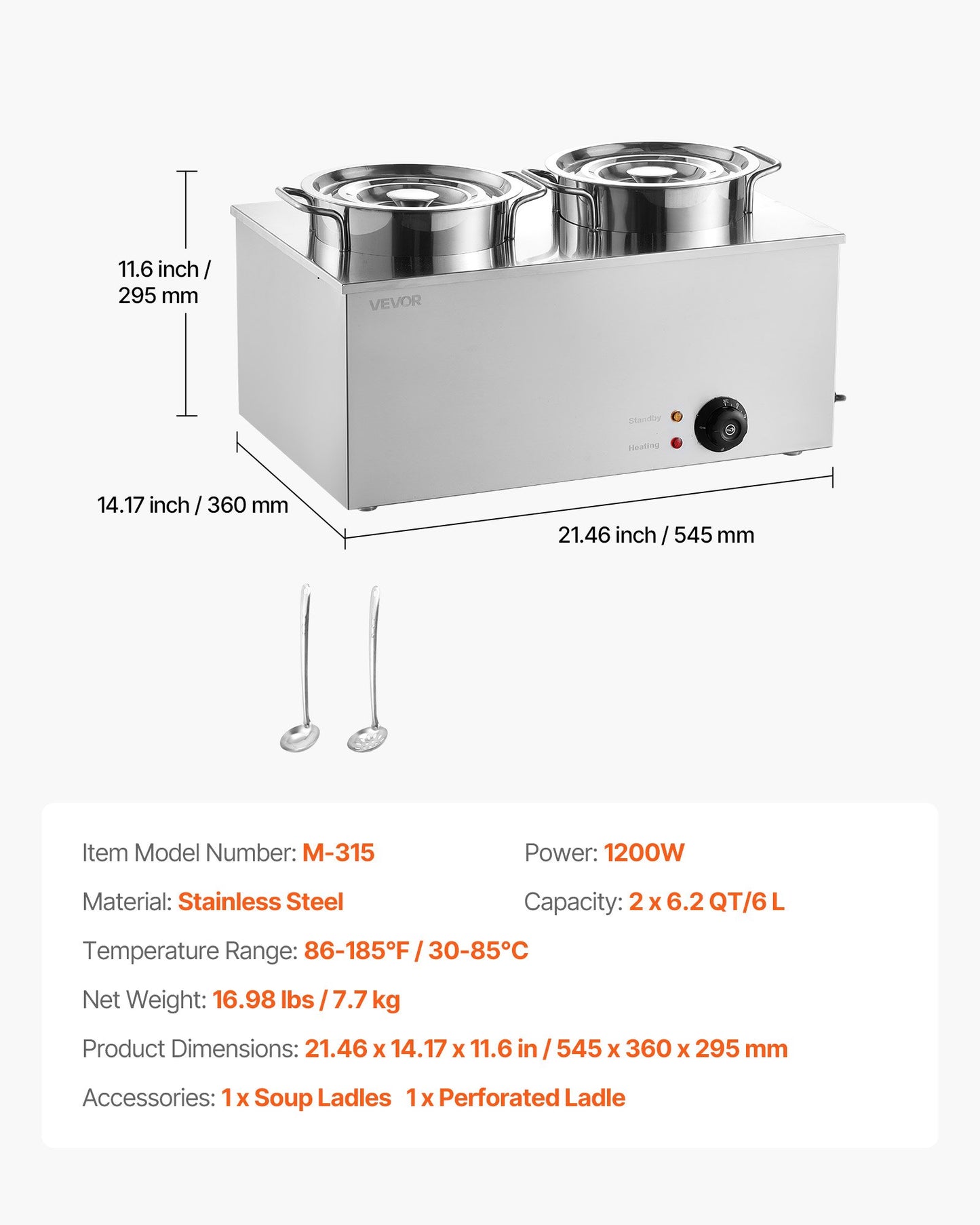 Electric Soup Warmer, Two 6.34QT Stainless Steel Round Pot with 86~185°F Adjustable Temp, 1200W Commercial Bain Marie Compatible with Pans, Soup Station for Restaurant, Buffet
