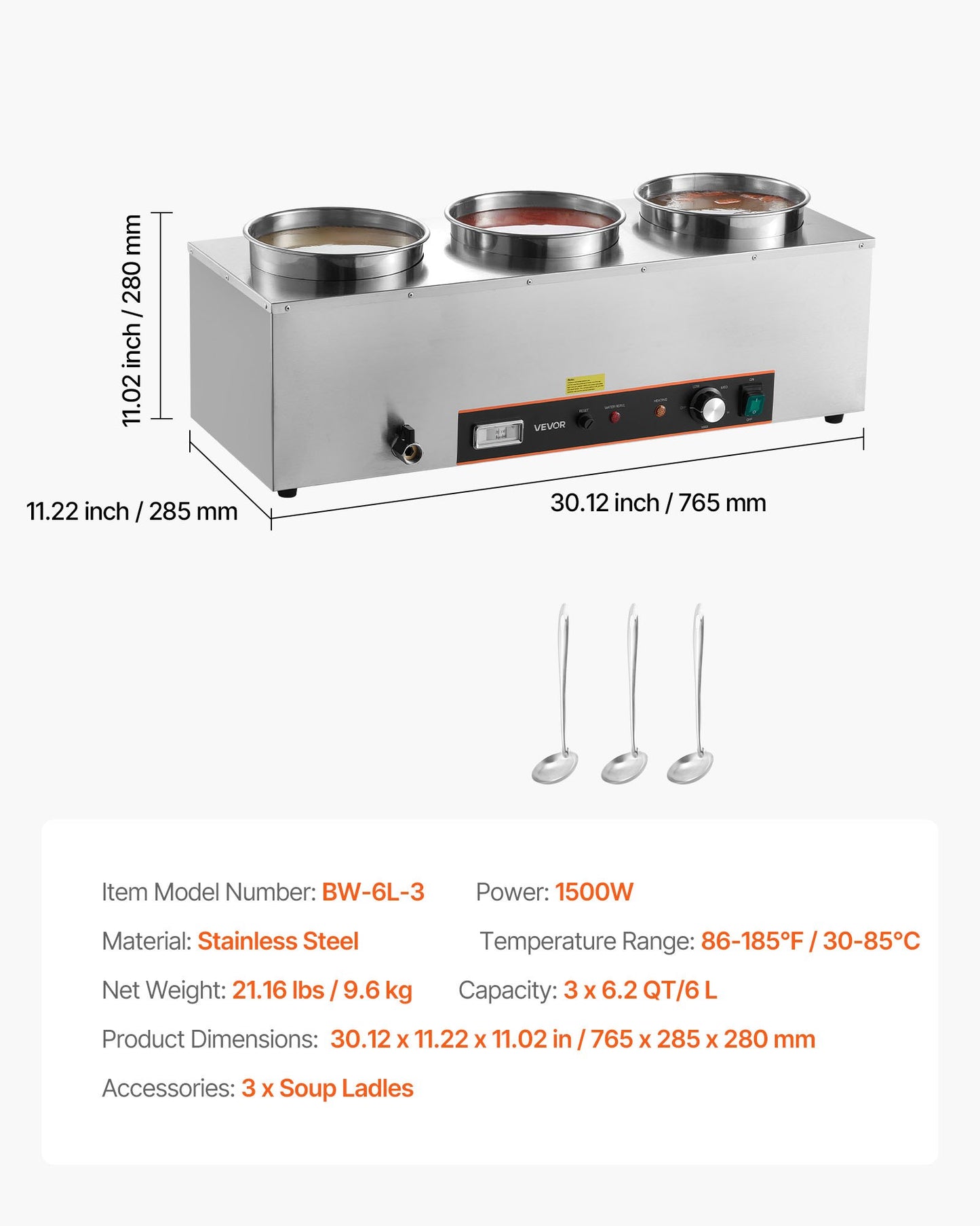 Electric Soup Warmer, Three 6.34QT Stainless Steel Round Pot with 86~185°F Adjustable Temp, 1500W Commercial Bain Marie with Anti-dry Burn and Reset Button, Soup Station for Restaurant, Buffet