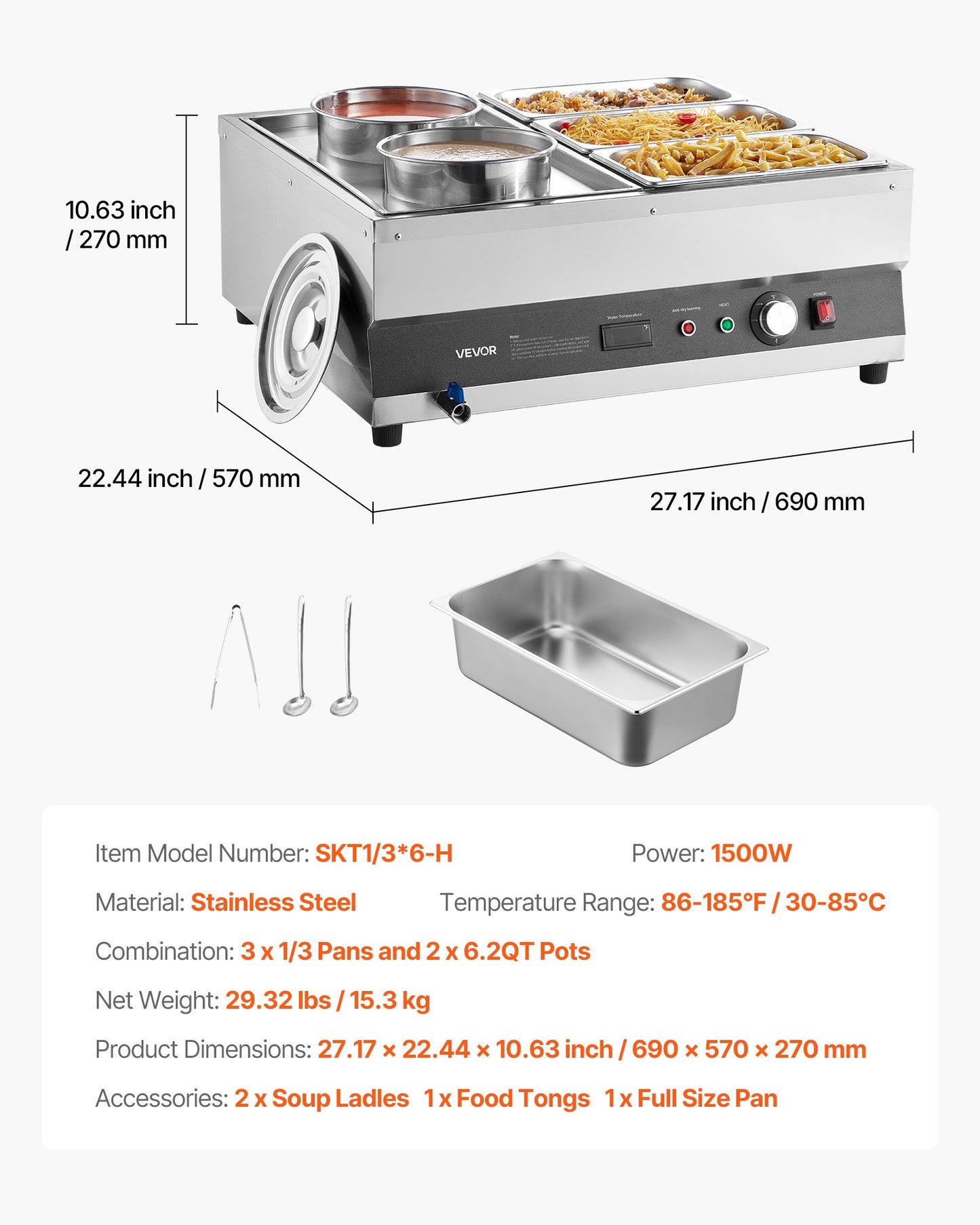 Electric Soup Warmer, Two 6.34QT Pots & Three 1/3 Pans, Stainless Steel Commercial Food Warmer with 86~185°F Adjustable Temp, 1500W Bain Marie, Soup Station for Restaurant, Buffet