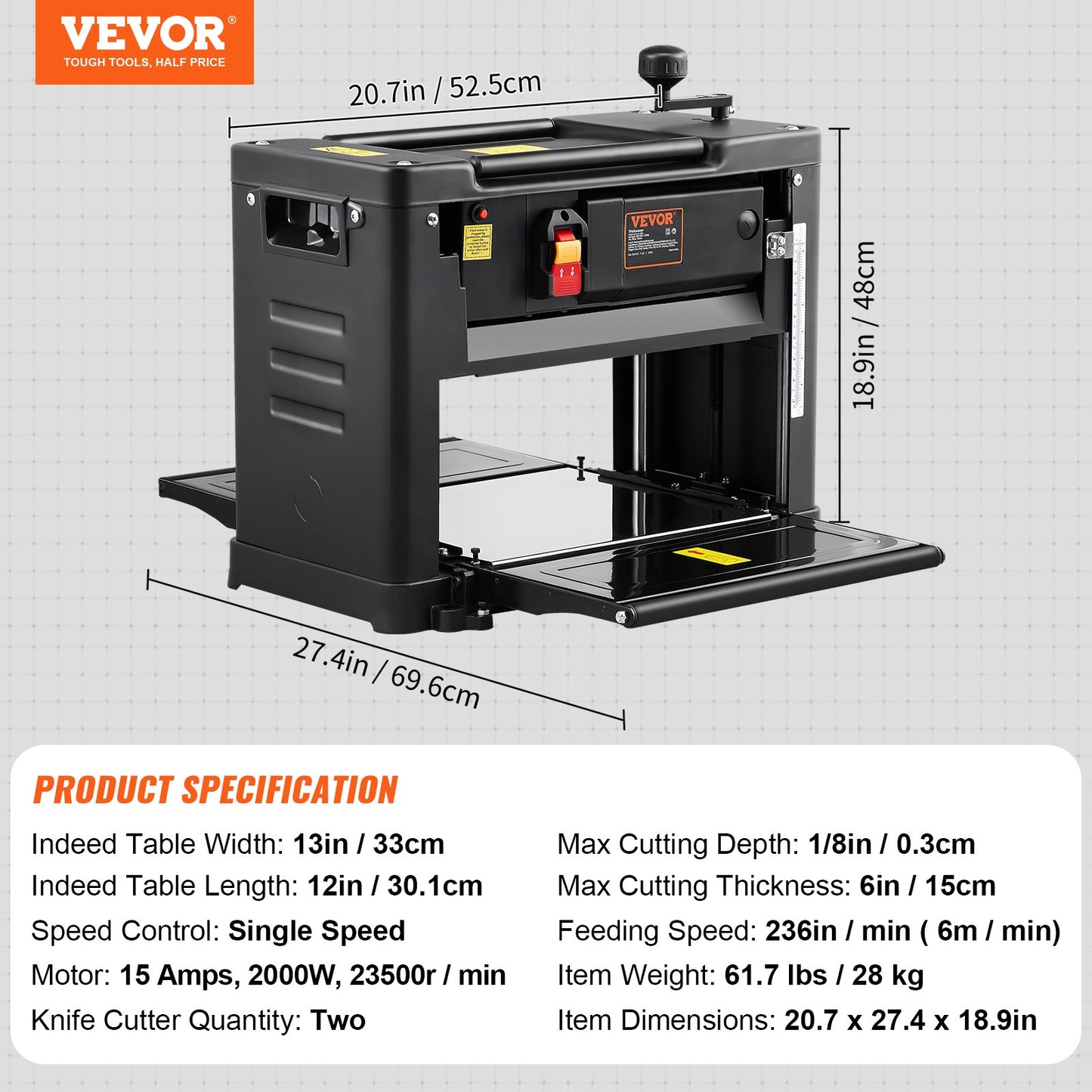 Thickness Planer, Single Speed, 13" Width Worktable Benchtop Planer, Double-Blade, 15-Amp 1800W Powerful Motor, 12" Extended Infeeding Table, Low Noise for both hard & soft wood material removal