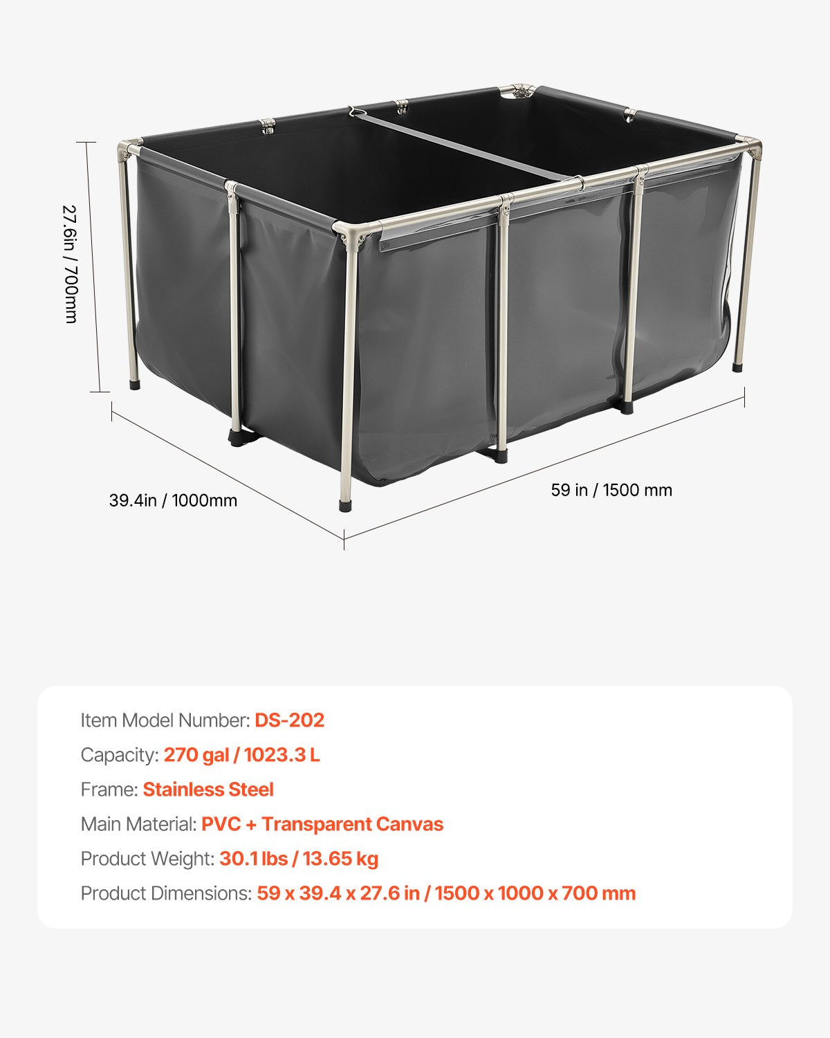 Canvas Fish Pond, 270 Gal Above Ground Fish Pond, PVC Koi Tank with Clear Viewing Panel, Rectangular Goldfish Tank with Stainless Steel Frame & Drain Valve, for Breeding Koi, Irrigation(Black)