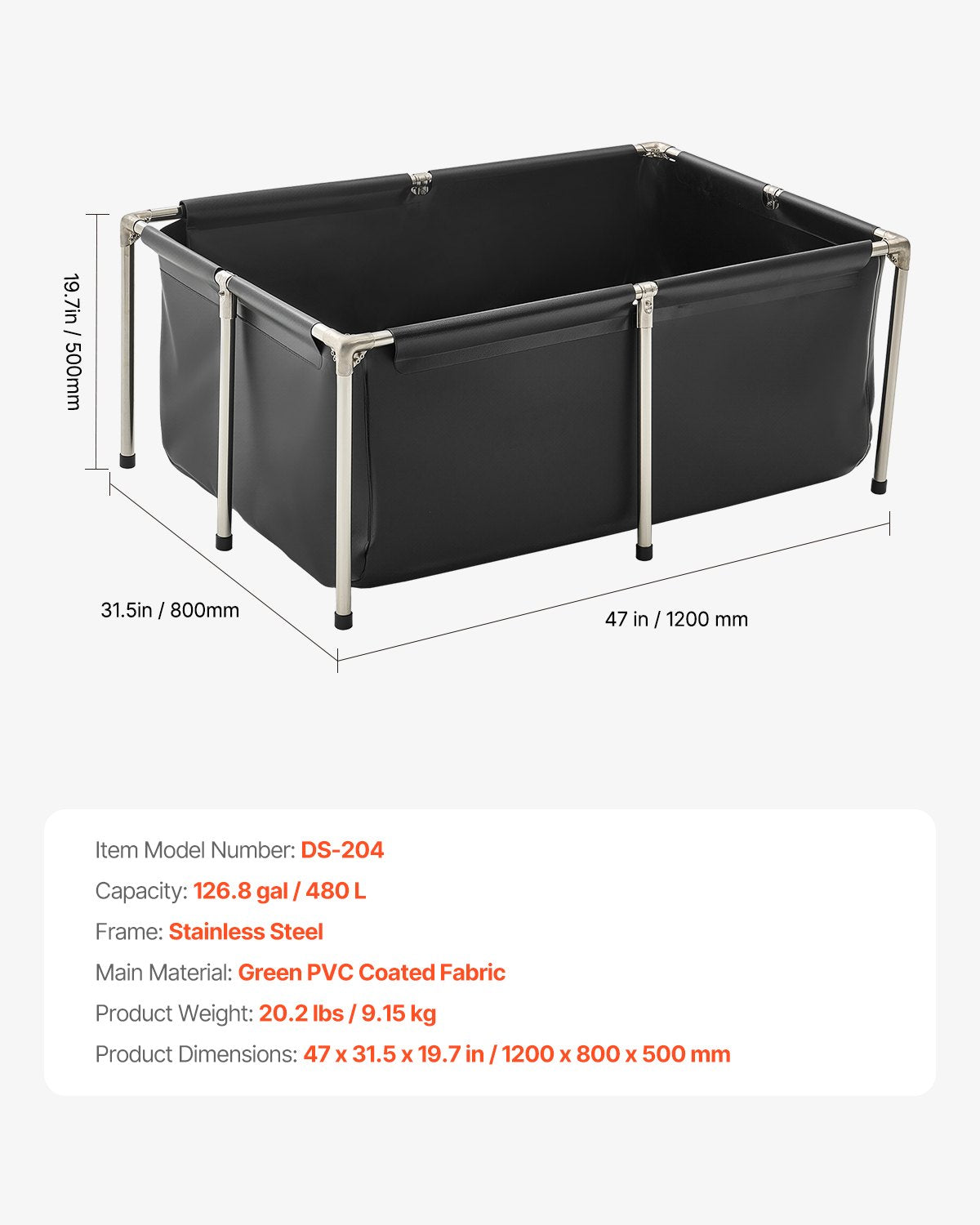 Canvas Fish Pond, 126.8 Gal Above Ground Fish Pond, Foldable PVC Koi Tank, Rectangular Goldfish Tank with Stable Frame and Drain Valve, for Aquaculture, Koi Breeding, and Irrigation (Black)