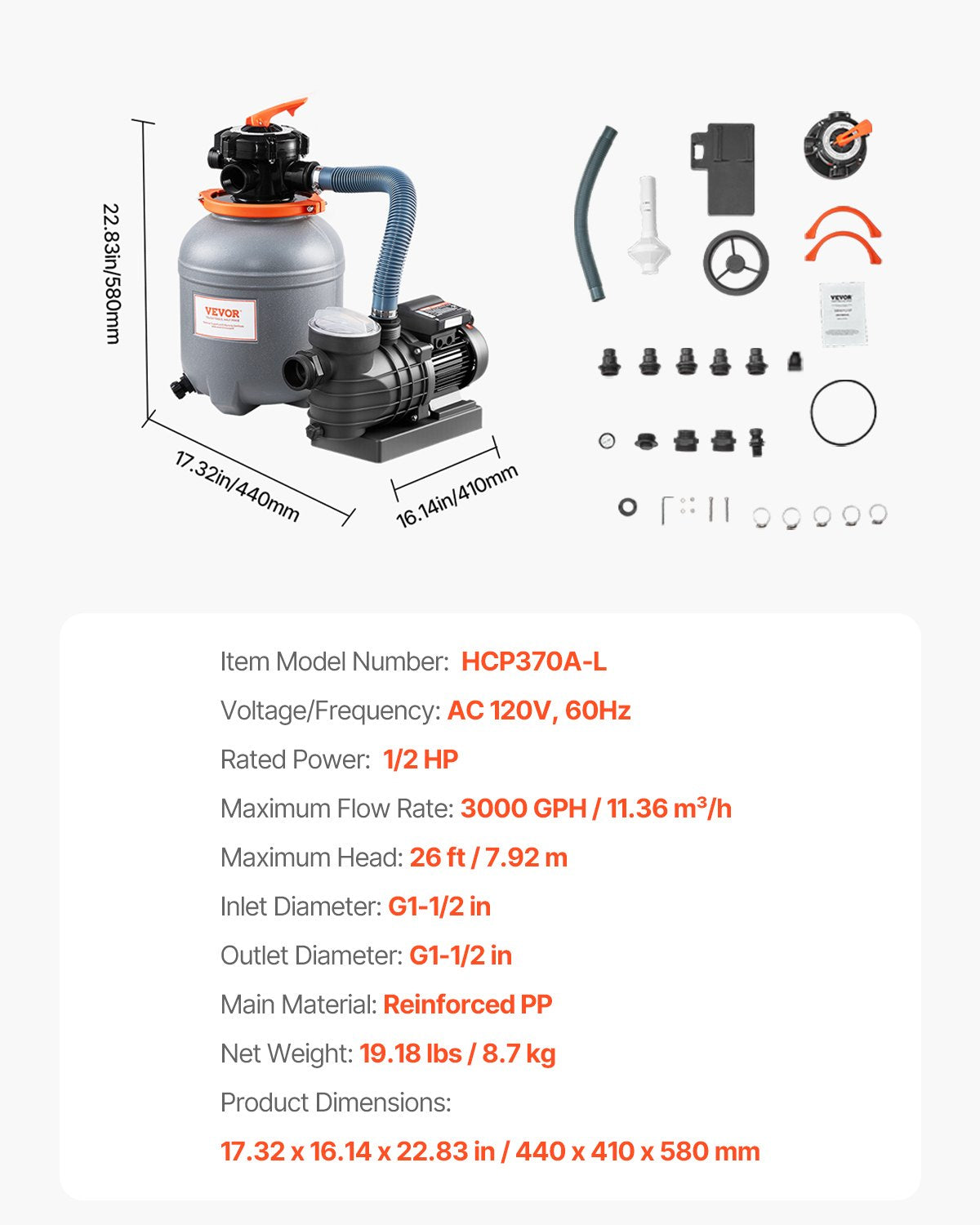Sand Filter Pump for Above Ground Pool, 12 in, 3000 GPH, 1/2 HP Swimming Pool Sand Filter Pump System, Krystal Clear with 6-Way Multi-port Valve & Strainer Basket, Easy Installation for Pools