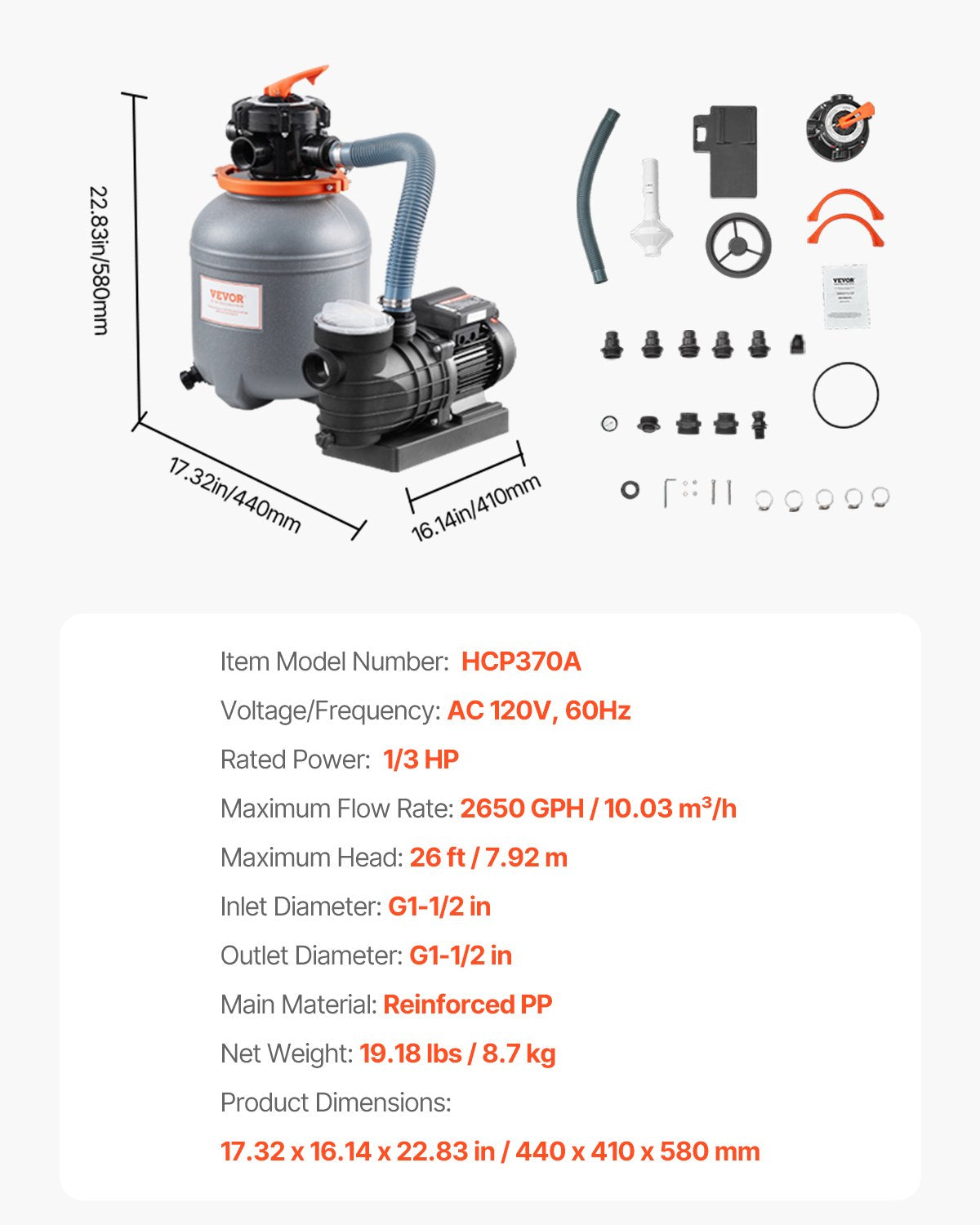 Sand Filter Pump for Above Ground Pool, 12 in, 2650 GPH, 1/3 HP Swimming Pool Sand Filter Pump System, Krystal Clear with 6-Way Multi-port Valve & Strainer Basket, Easy Installation for Pools