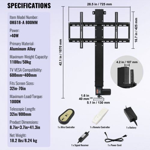 TV Lift Stand Motorized TV Auto Lift Monteringsfäste för 26"-60" Flat Screen LCD/LED/OLED Plasma TV Heavy Duty Electric TV Mount Motorized TV Lift | EU