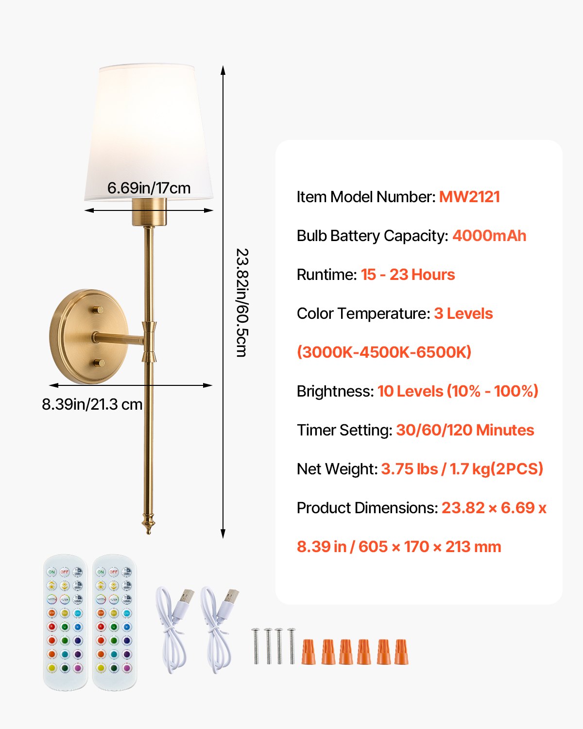 Battery Operated Wall Sconce Set of 2, 4000mAh Rechargeable Wireless Wall Lights with Remote Control, 30 Lighting Modes, 12 RGB Colors & Timer, Dimmable Wall Lamp for Living Room Bedroom Hallway