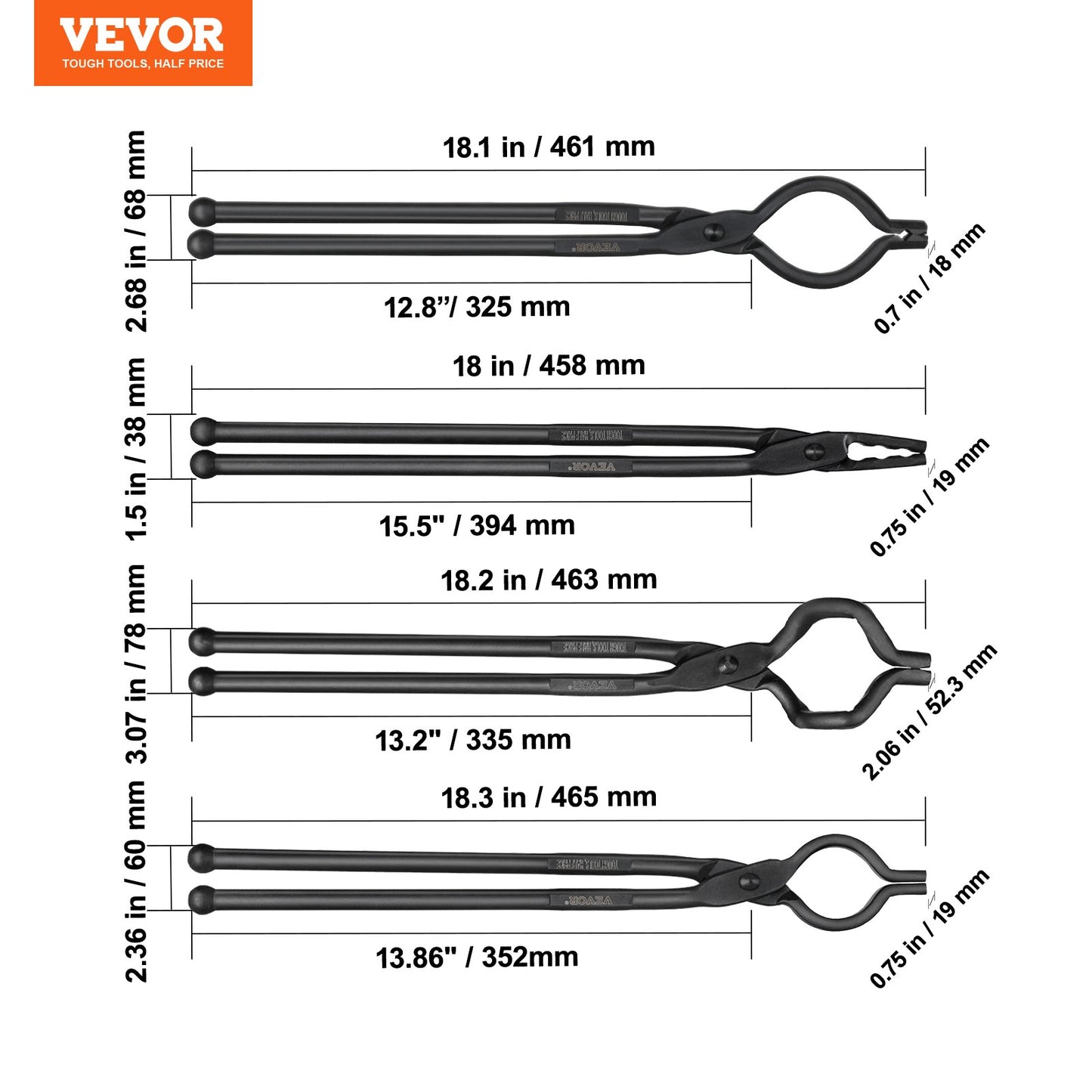 Blacksmith Tongs, 18” 4 PCS, V-Bit Bolt Tongs, Wolf Jaw Tongs, Z V-Bit Tongs and Gripping Tongs, Carbon Steel Forge Tongs with A3 Steel Rivets, for Beginner and Seasoned Blacksmiths, Bladesmiths