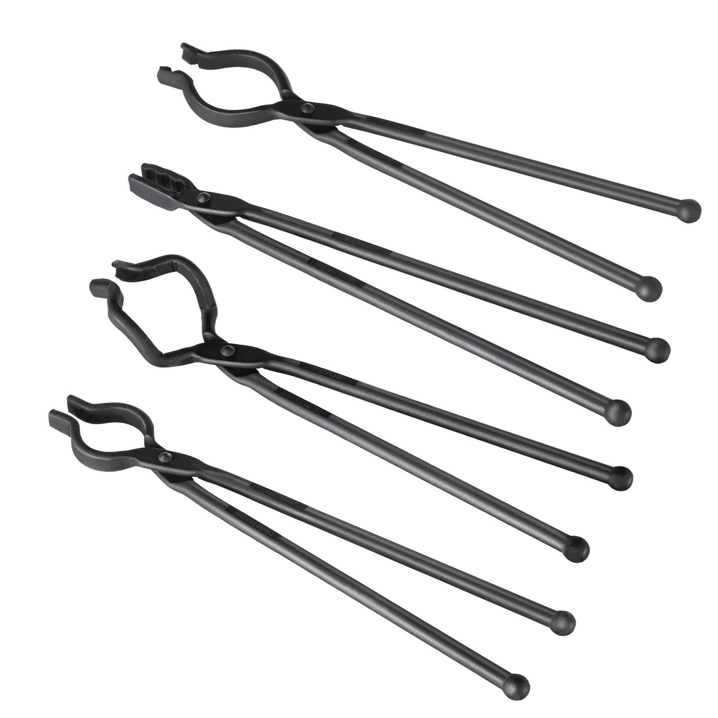 Blacksmith Tongs, 18” 4 PCS, V-Bit Bolt Tongs, Wolf Jaw Tongs, Z V-Bit Tongs and Gripping Tongs, Carbon Steel Forge Tongs with A3 Steel Rivets, for Beginner and Seasoned Blacksmiths, Bladesmiths