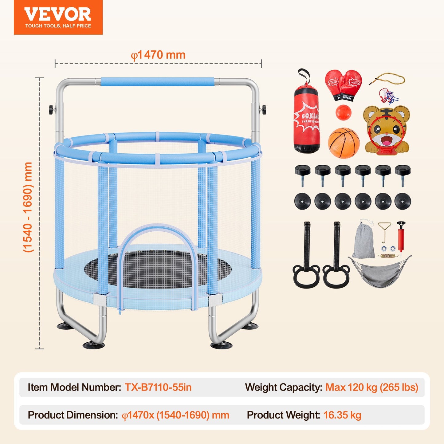 55" Kids Trampoline, 4.6FT Indoor Outdoor Trampoline, Mini Toddler Recreational Trampolinewith Safety Enclosure Net and Basketball Hoop, Birthday Gifts Christmas Toys for 3+ Years Children, Blue