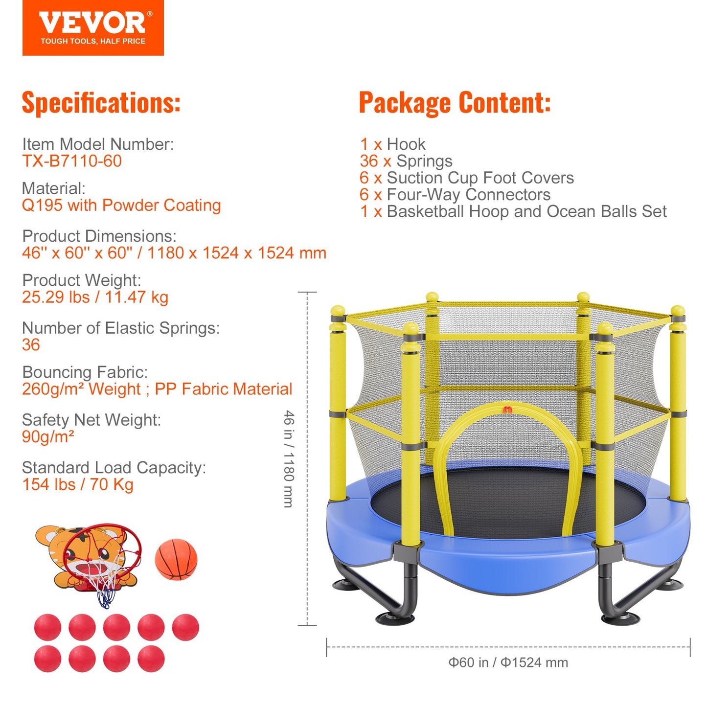 5FT Trampoline for Kids, 60" Indoor Outdoor Trampoline with Safety Enclosure Net, Basketball Hoop and Ocean Balls, Mini Toddler Recreational Trampoline Birthday Gifts for 3+ Years Kids