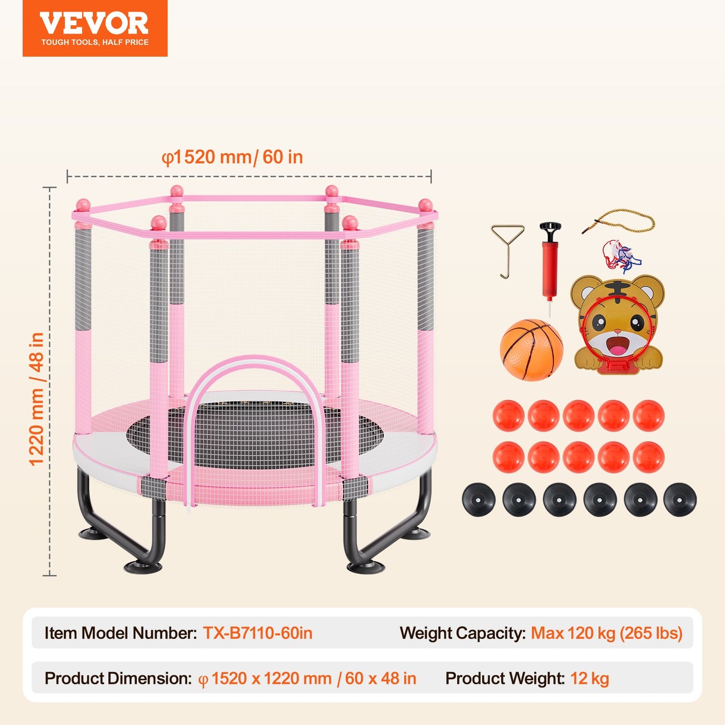 60" Kids Trampoline, 5FT Indoor Outdoor Trampoline, Mini Toddler Recreational Trampolinewith Safety Enclosure Net and Basketball Hoop, Birthday Gifts Christmas Toys for 3+ Years Children, Pink