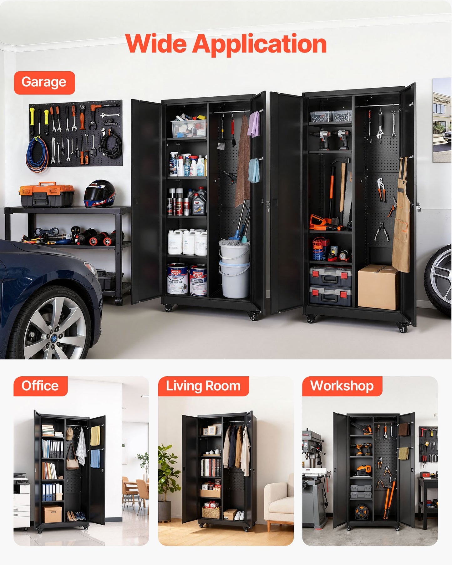 Metal Storage Cabinet, 70.6 in Rolling Steel Garage Cabinet with Adjustable Shelves, 2 Magnetic Doors, Hanging Rod & 3 Rod Hooks, 5 Tiers Lockable Tool Storage for Pantry, Warehouse, Basement
