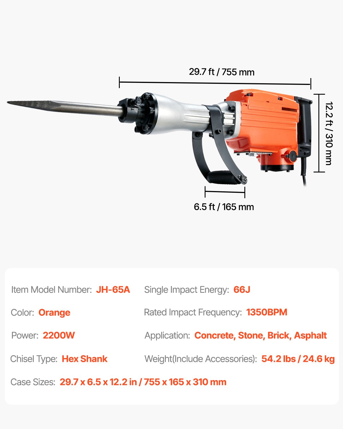 Demolition Jack Hammer, 2200W 1400 BPM Jack Hammer Concrete Breaker, Heavy Duty Electric Jack Hammer 6pcs Chisels Bit with Gloves, 360°C Swiveling Front Handle for Trenching and Breaking Holes