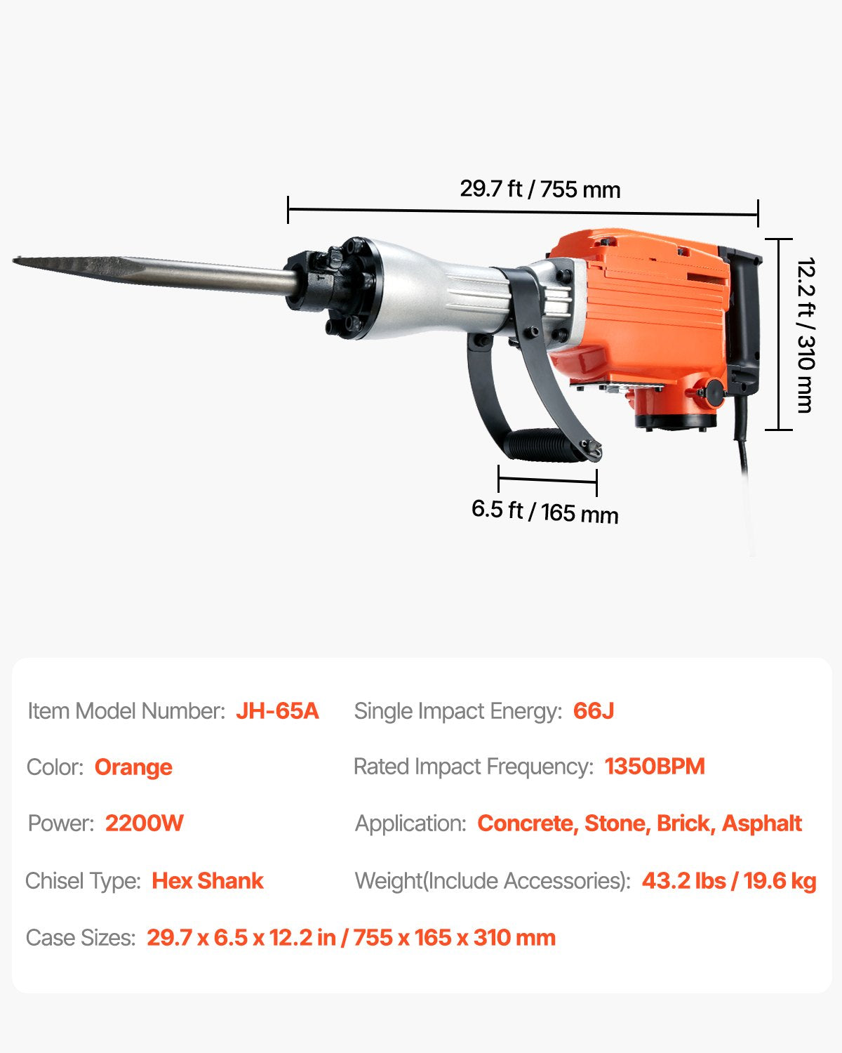 Demolition Jack Hammer, 2200W Electric Jackhammer Heavy Duty, 1350 BPM Concrete Breaker, 2pcs Chisels Bit Chipping with Case