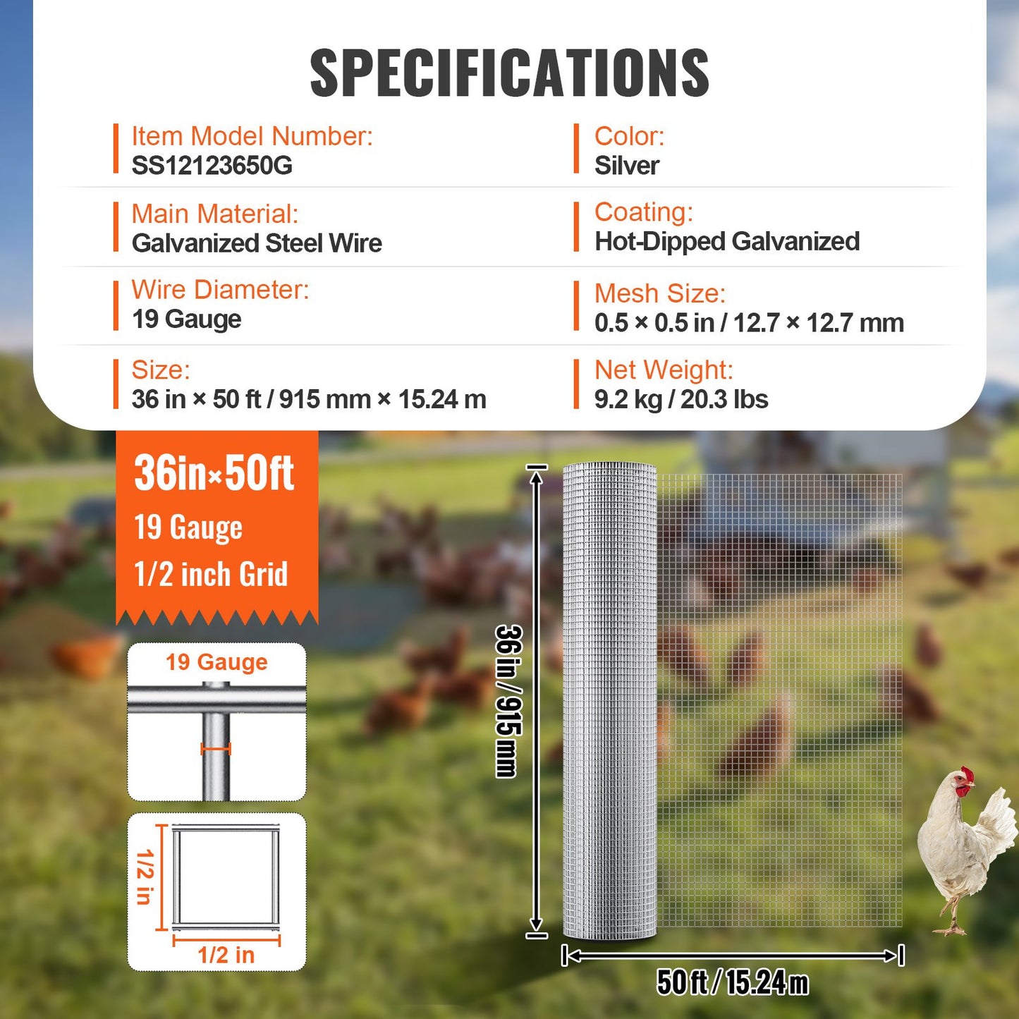 Hardware Cloth, 1/2 inch 36in x 50 ft 19 Gauge, Hot Dipped Galvanized Wire Mesh Roll, Chicken Wire Fencing, Wire Mesh for Rabbit Cages, Garden, Small Rodents