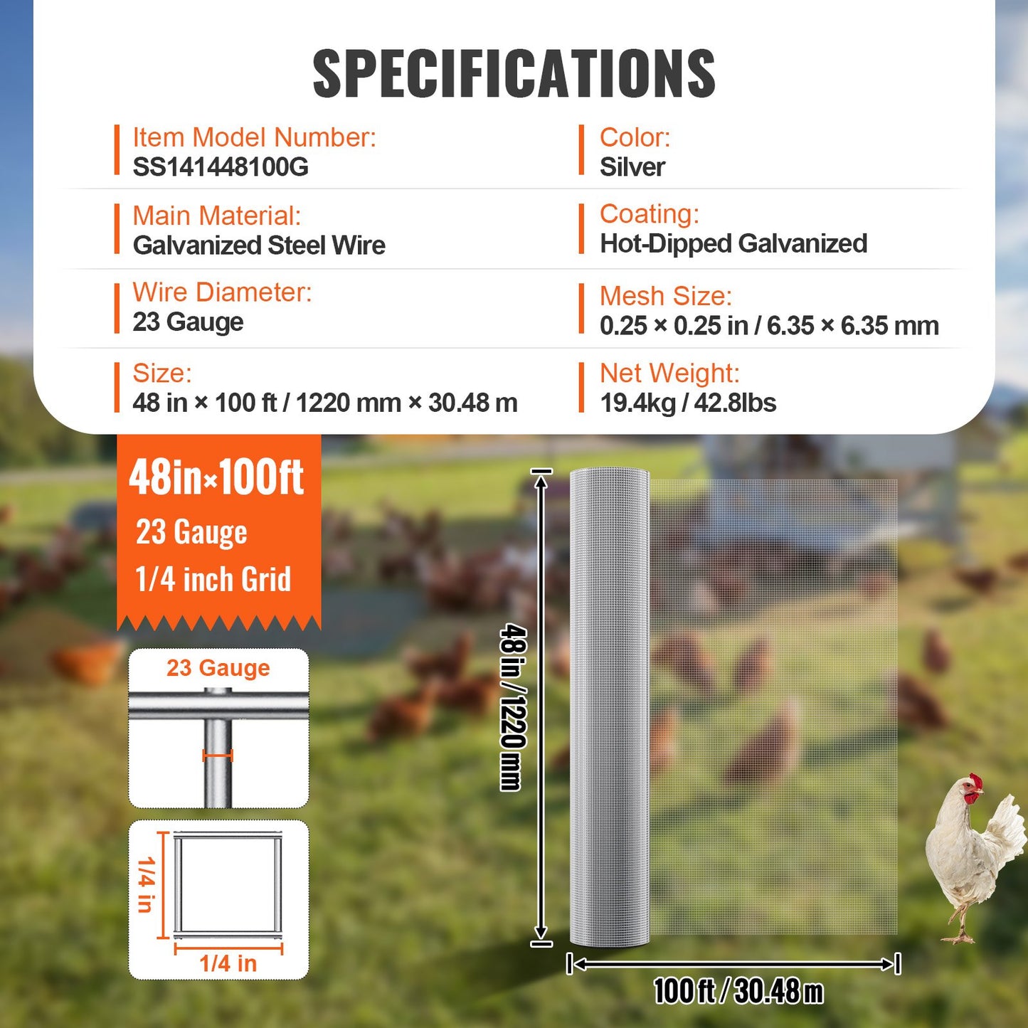 Hardware Cloth, 1/4 inch 48in x 100 ft 23 Gauge, Hot Dipped Galvanized Wire Mesh Roll, Chicken Wire Fencing, Wire Mesh for Rabbit Cages, Garden, Small Rodents