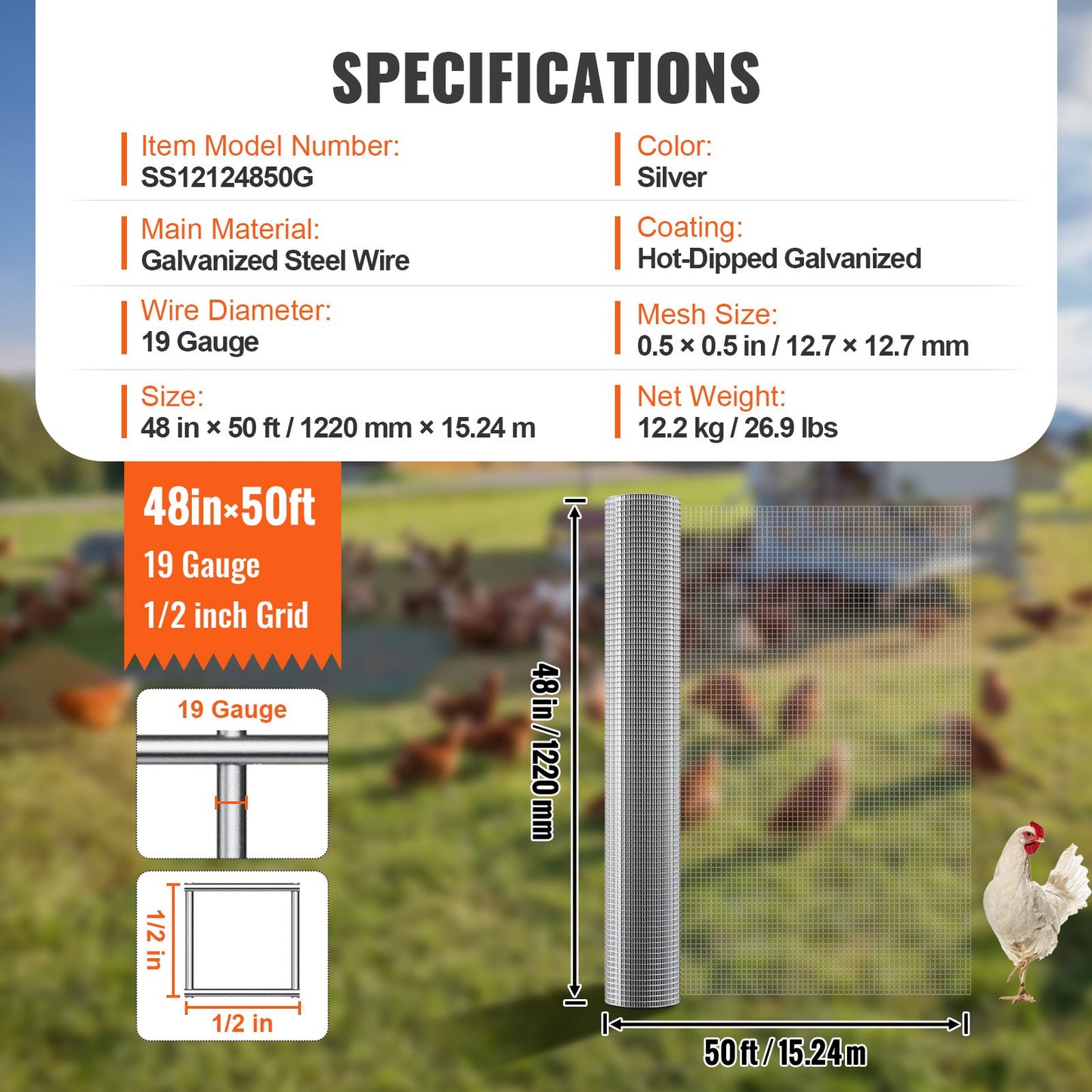 Hardware Cloth, 1/2 inch 48in x 50 ft 19 Gauge, Hot Dipped Galvanized Wire Mesh Roll, Chicken Wire Fencing, Wire Mesh for Rabbit Cages, Garden, Small Rodents