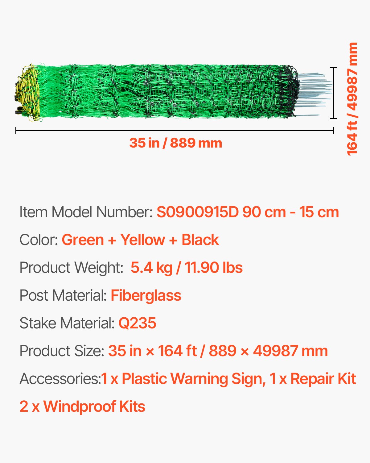 Electric Fence Netting, 35" H x 164' L, PE Net Fencing with Posts & Double-Spiked Stakes, Utility Portable Mesh for Goats, Sheep, Lambs, Deer, Hogs, Dogs, Used in Backyards, Farms, and Ranches