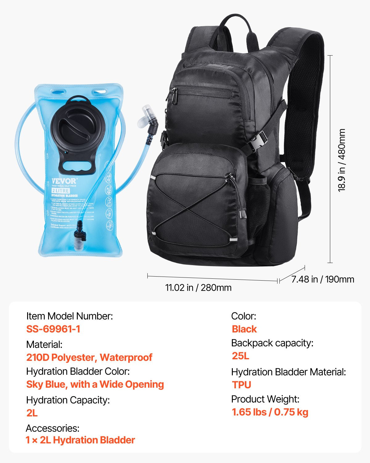 Hydration Backpack, 25L Insulated Hydration Pack Backpack with 2L TPU Water Bladder, Hiking Water Backpack with Storage for Men Women, Hydro Water Daypack for Hiking Running Cycling Camping