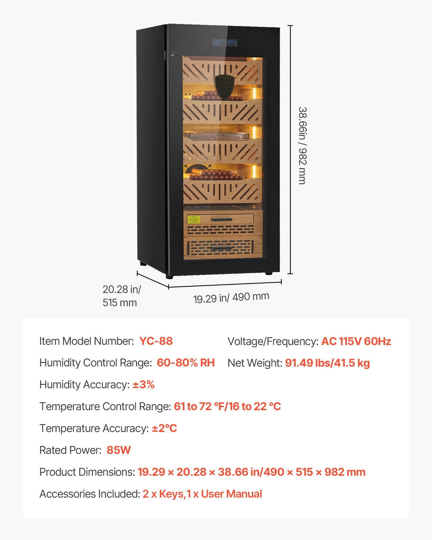 Electric Humidor, 105L, 1000 Counts Electric Cigar Humidor Cabinet with Compressor Cooling, Constant Humidity & Temperature Control, Spanish Cedar Wood Shelves & Drawers, 4 Layers, for Household