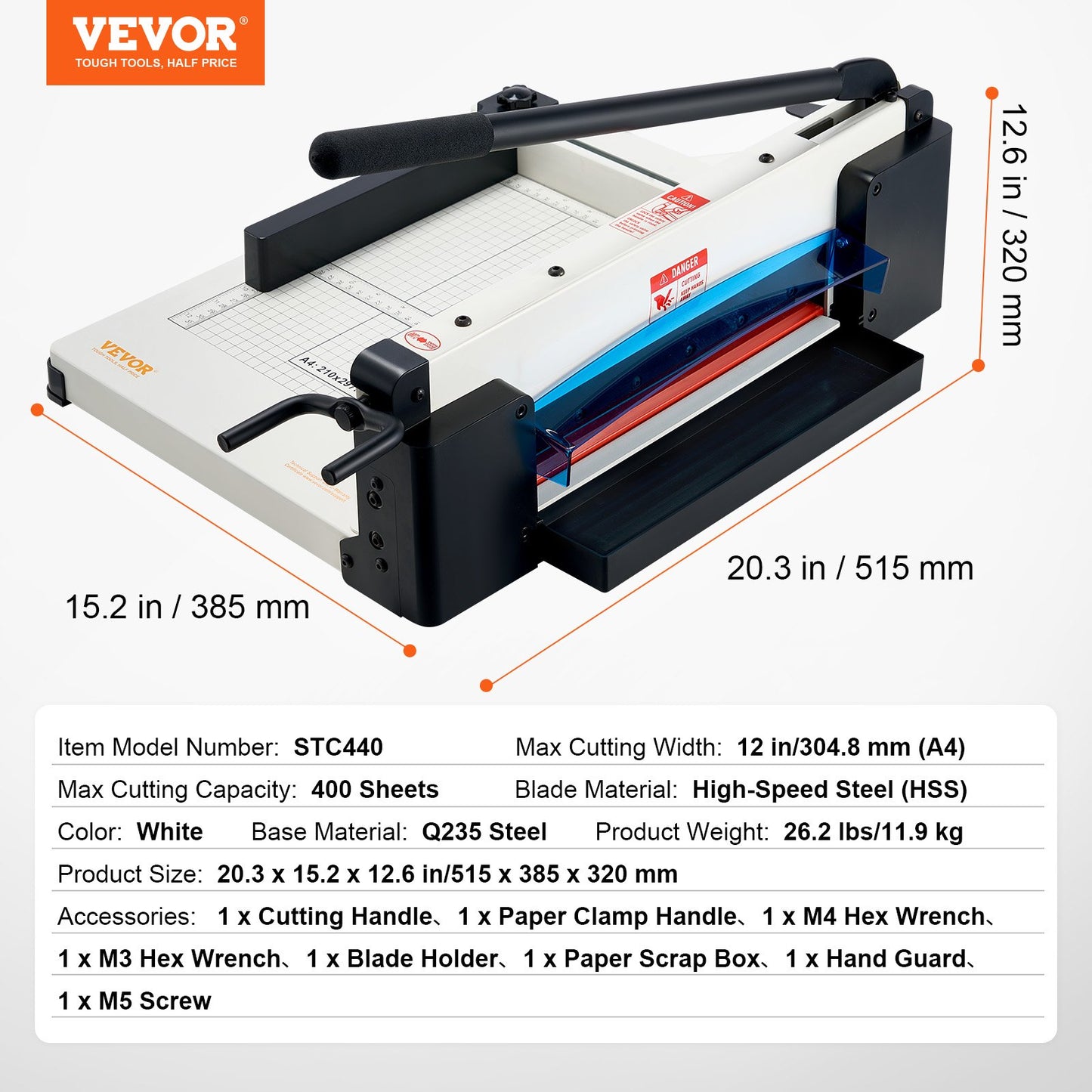 Heavy Duty Paper Cutter, 12" Industrial Commercial Guillotine Paper Cutter for A4 Paper, 400 Sheet Capacity, Solid Steel Construction, Stack Paper Trimmer for Office Home School Shop, White