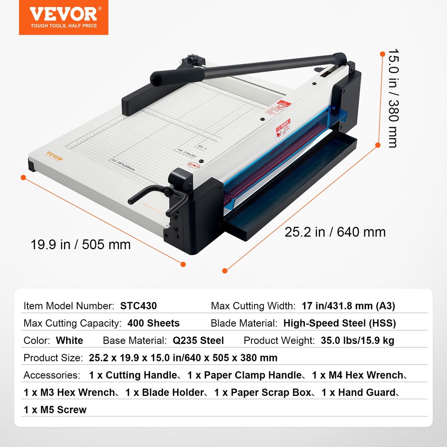 Heavy Duty Paper Cutter, 17" Industrial Commercial Guillotine Paper Cutter for A3 Paper, 400 Sheet Capacity, Solid Steel Construction, Stack Paper Trimmer for Office Home School Shop, White