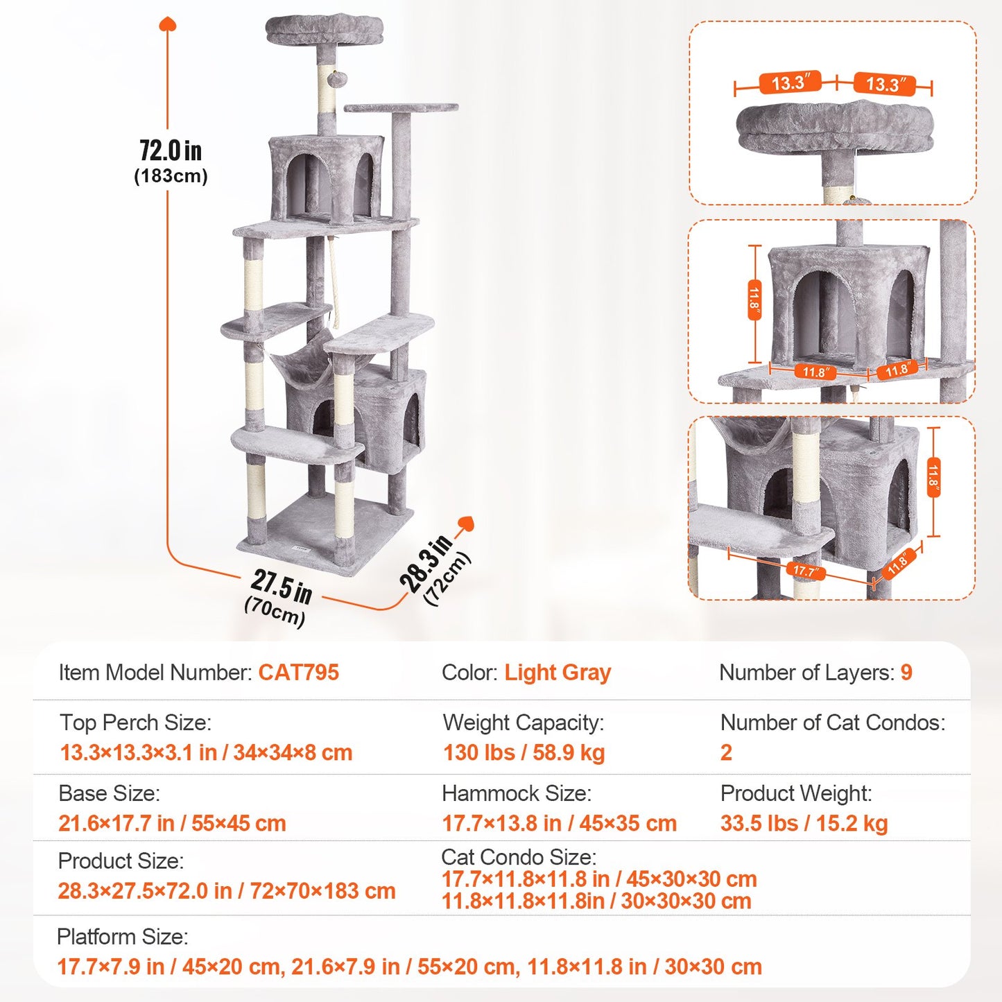 Cat Tree for Indoor Cats, 72" Cat Tower with 2 Cat Condos, Sisal Scratching Post, Hammock, Top Perch, Jumping Platforms, Large Cat Furniture Activity Center with Hang Ball, Light Grey