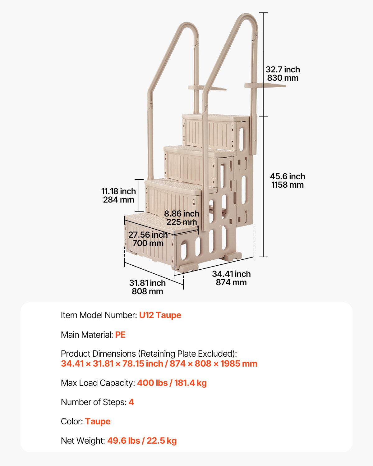 Swimming Pool Ladder, 4-Step Double Handrails Stairs with Non-slip Heavy Duty Steps, Max Load Capacity 400 lbs, for 48-54 In Inground & Above-ground Pools of Any Decking Surface, Taupe