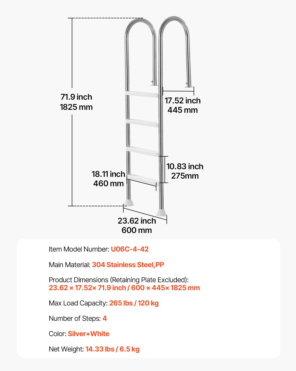 Swimming Pool Ladder, 4-Step Double Handrails Stairs with Non-slip Heavy Duty Steps, Stainless Steel Load Capacity 265 lbs, for 54 In Inground Pools with Mounted Deck Board Indoor & Outdoor
