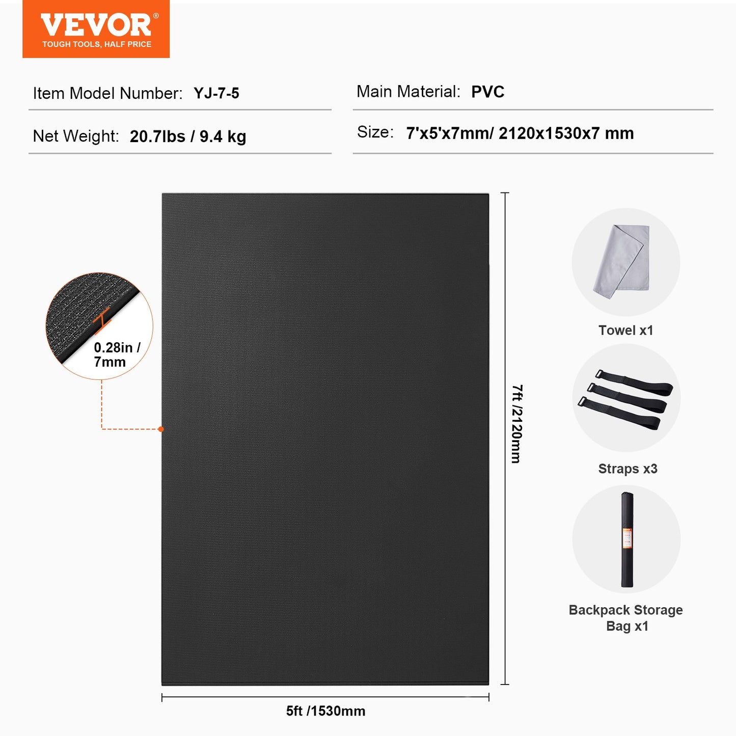 Exercise Mat, Non Slip High Density Premium Yoga Mat, Exercise Yoga Mat for Men & Women, Fitness & Exercise Mat with Bag & Carry Strap, for All Types of Home Yoga, Pilate & Floor Workout (7x5ft)