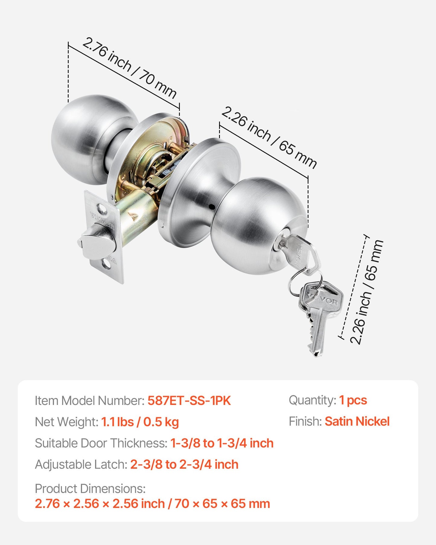 Keyed Entry Door Knob, Satin Nickel Door Knob with Round Ball, Keyed Exterior & Thumb Turn Lock Interior, All Metal Doorknobs Hardware with Lock and Keys, Modern Design for Bedroom & Bathroom