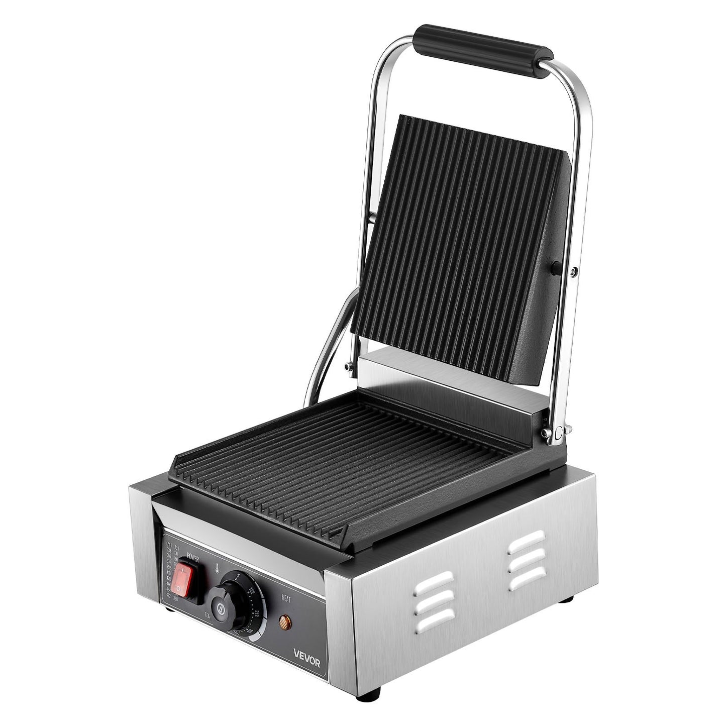 Commercial Panini Grill, 1800W Electric Sandwich Panini Maker, Stainless Steel Sandwich Press Grill, Panini Grill with Temp Control & 9"x9" Full Grooved Enamel Plate for Hamburger Steak Bacon
