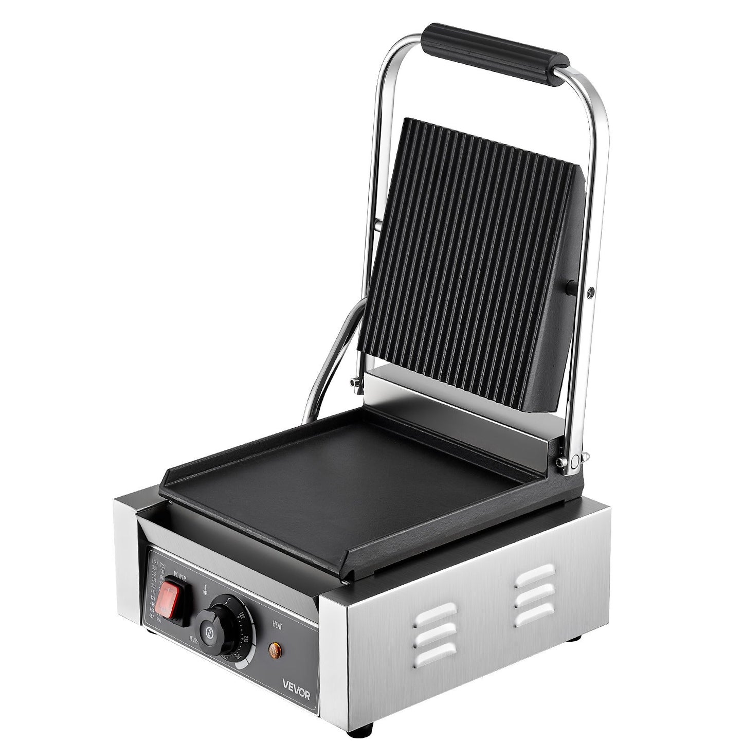 Commercial Panini Grill, 1800W Electric Sandwich Panini Maker, Stainless Steel Sandwichs Press Grill with Handle and Temp Control, 8.8x9 in Flat Enamel Plate, for Hamburger Steak Bacon