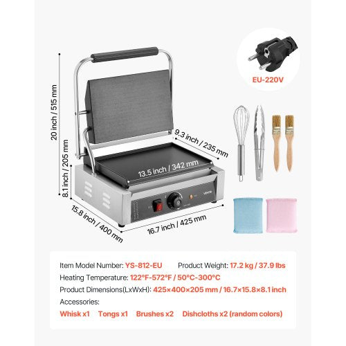 Kommersiell Panini Grill, 2200W elektrisk smörgåspaninimaskin, pressgrill i rostfritt stål med handtag och temperaturkontroll, 34x23 cm helplatt emaljplatta, för hamburgare, biff och bacon | EU