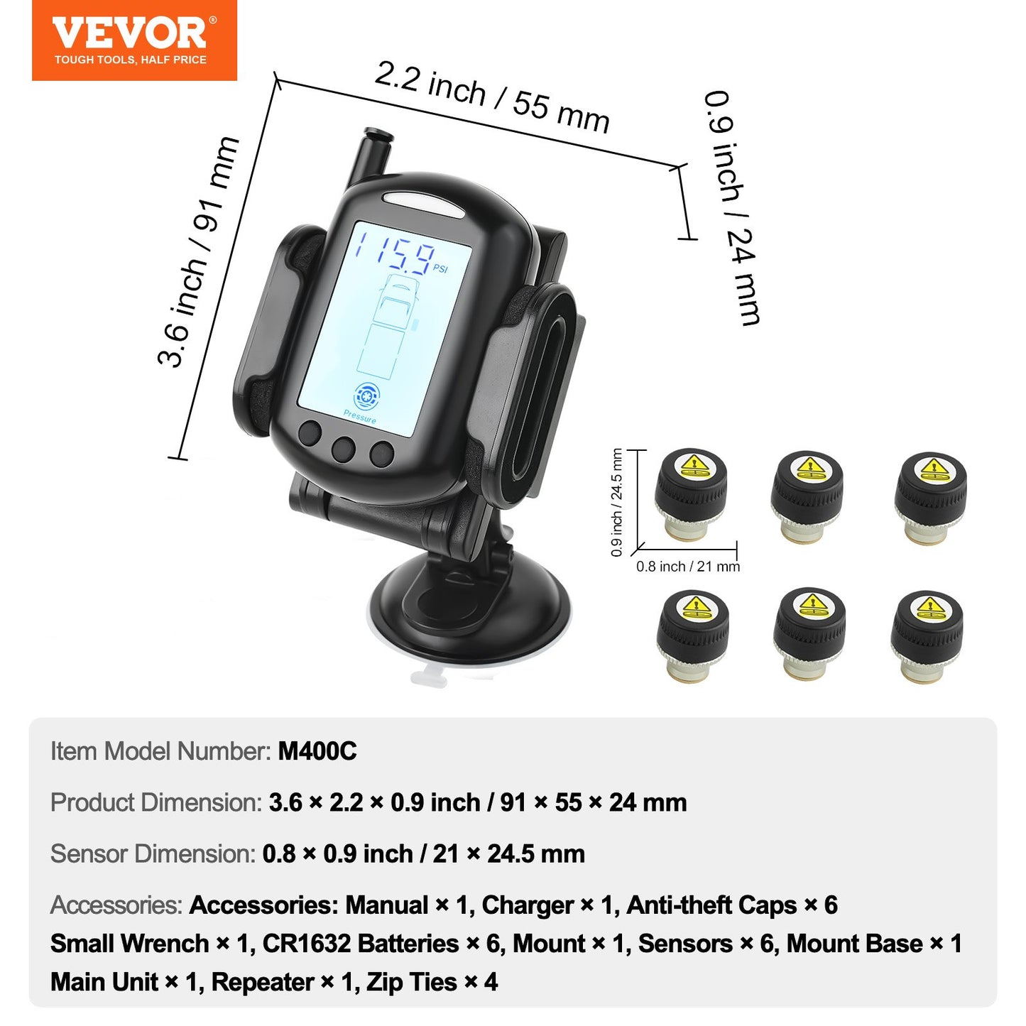RV Tire Pressure Monitoring System, 0-199 PSI Trailer TPMS, Universal Wireless Car Alarm System, Waterproof TPMS Sensors Set with 6 Sensors, 7 Alarm Modes, Real-time Display, Easy to Install