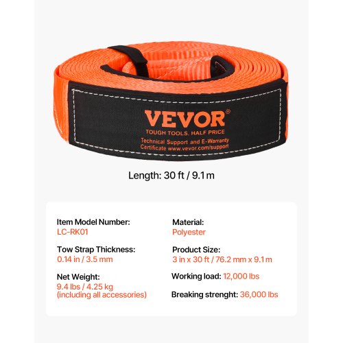 Car Towing Cable Towing Strap Rope 16000 lbs 9 m 7.5 cm Heavy Duty Emergency