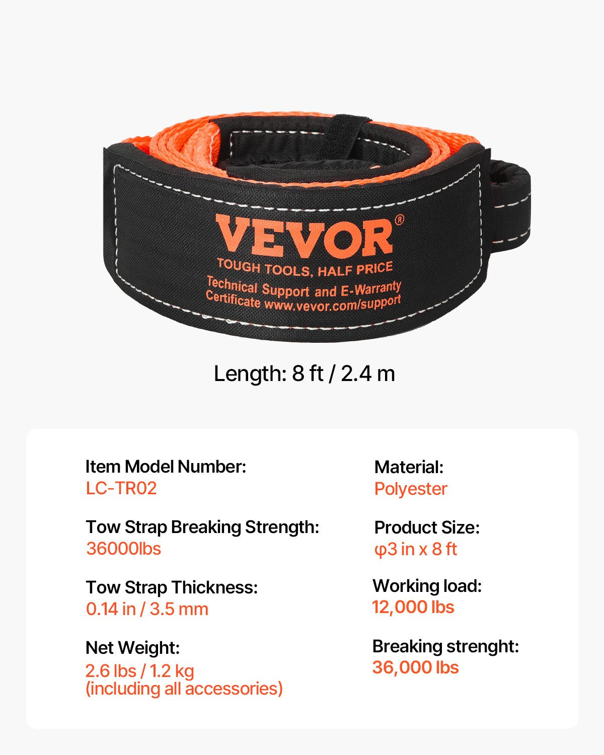 Recovery Tow Strap 3 inches, 8 feet 36,000 lbs Break Strength, Triple Reinforced Loop Straps, Tree Saver, Winch Line Extension Strap, Off Road Towing and Recovery, Extreme Weather Resistance